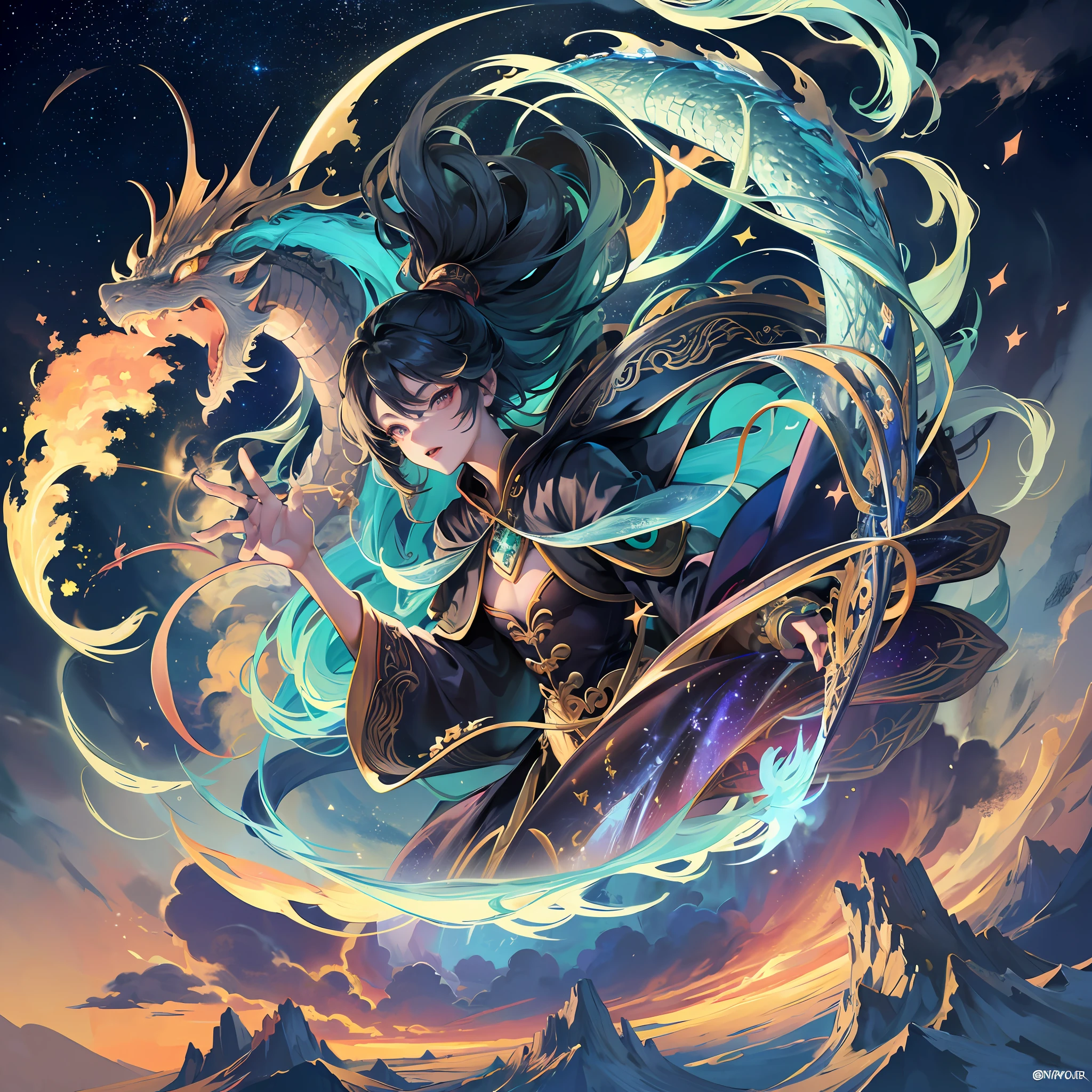 (Ying Dragon God), (Through the Clouds), (Top of the Mountains), (Complex), (Super Detail), (Starry Sky Background), (Stout Limbs), (Moon Night), (Ultra Clear), (Best Quality) --auto --s2