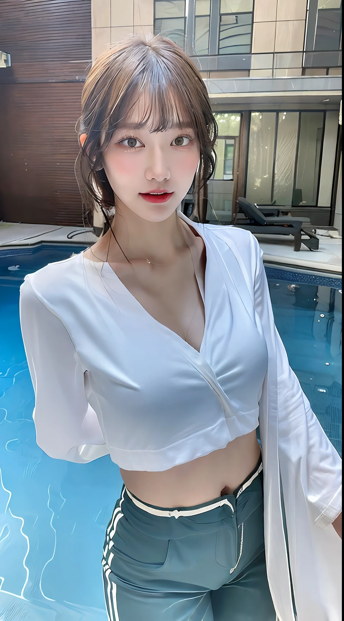 ((Best quality, 8k, Masterpiece :1.3)), 1girl, Pretty woman with emphasizing slender abs :1.3, Huge breasts :1.2, Wet thin fabric clothes:1.1, Alluring, Pool, Ultra-detailed face, Highly detailed lips, Detailed eyes, Double eyelid