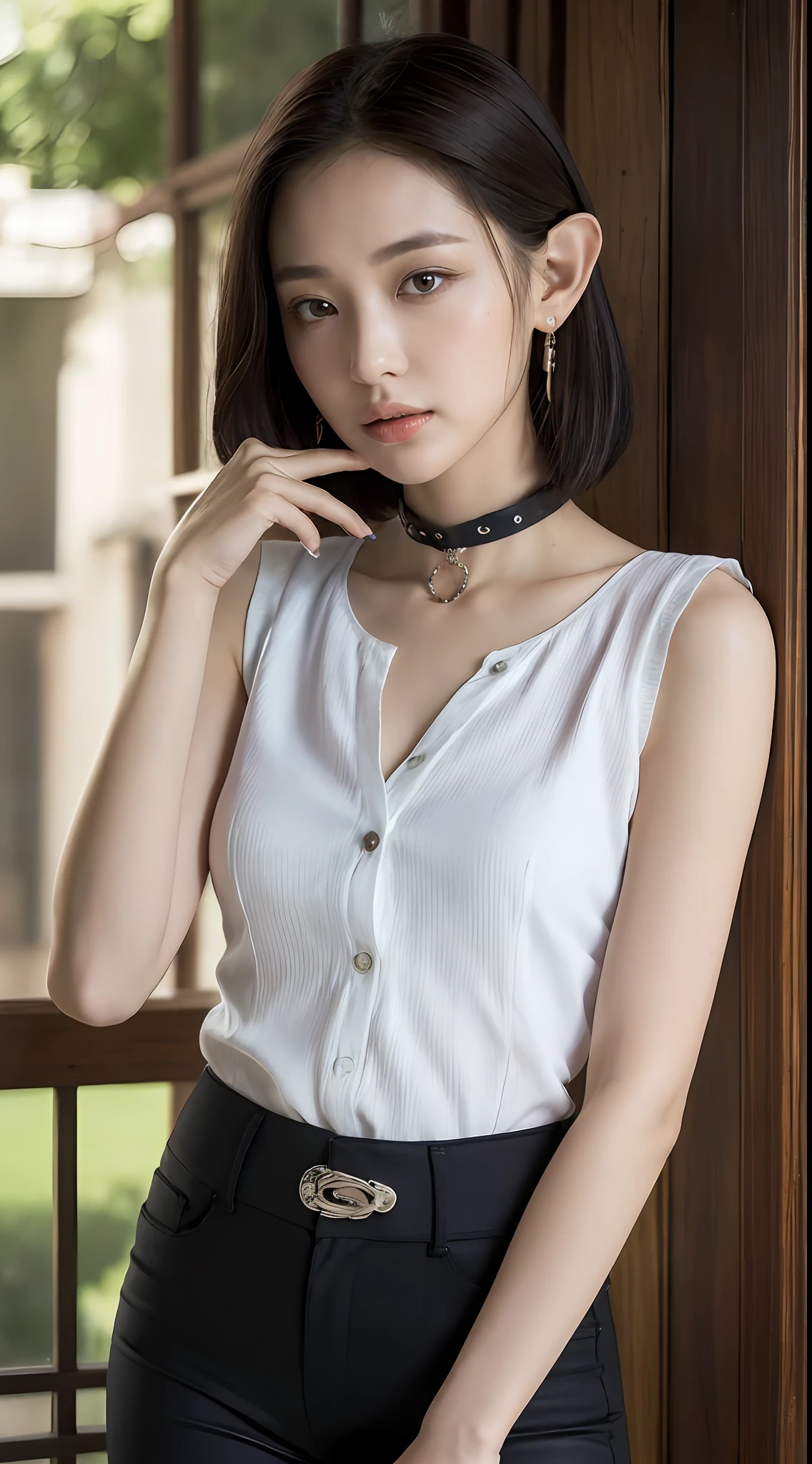 (natural sunlight, top quality, 8k, masterpiece, raw photo: 1.3),mysteriously beautiful elf, fantasy, (( beautiful elf, slightly pointed little ears: 1.2)), slender eyes, symmetrical eyes, short-cut hair, short hair style, earrings, thin triple bracelet on the wrist, (full body, sleeveless shirt with collar, shirt with button collar, Tight black pants:1.2), ultra-detailed, intricate details, highly detailed face and skin type, slim body, detailed eyes, realistic, makeup, intellectual, bewitching, beautiful standing out, small breasts, superb view, mysterious space