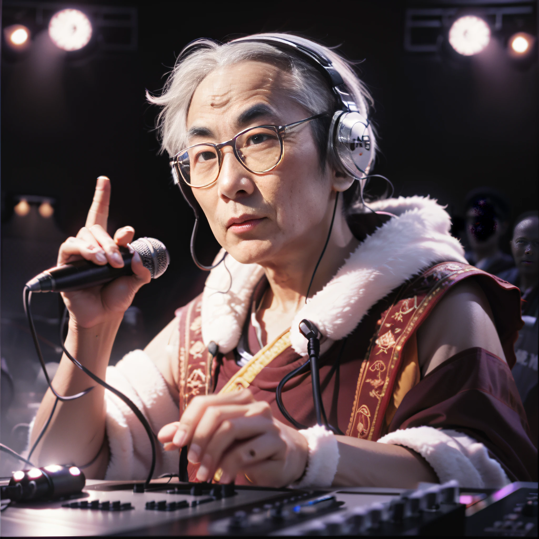 Dalai Lama with headphones and a microphone, DJ, hyper realism, detailed, 8k, disco lights, dark weather, more detailed skin, adjust hands 5 fingers.