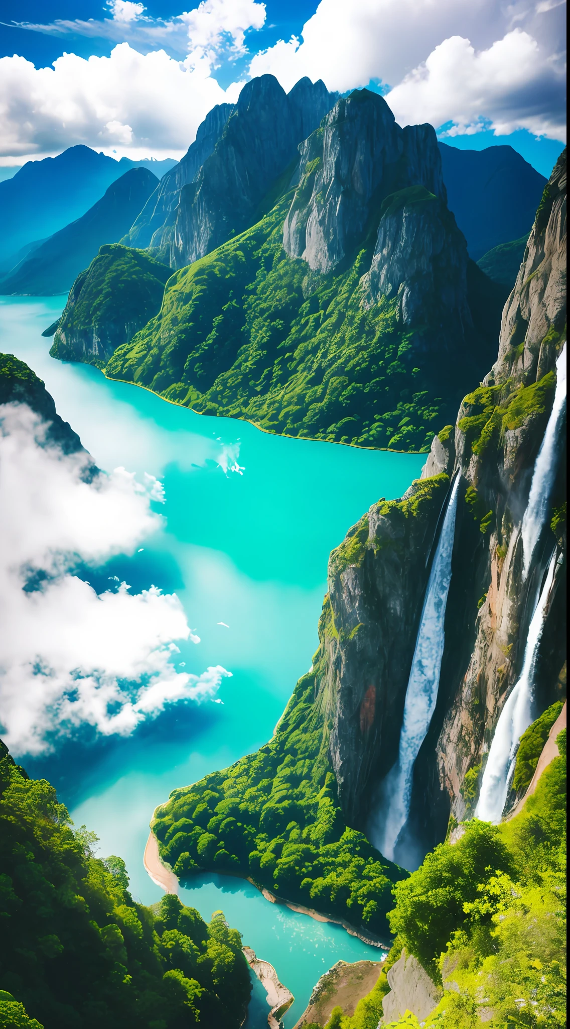 scenery, outdoor, sky, cloud, day, no humans, mountain, panorama, water, tree, blue sky, waterfall, cliff, nature, lake, river, cloudy sky