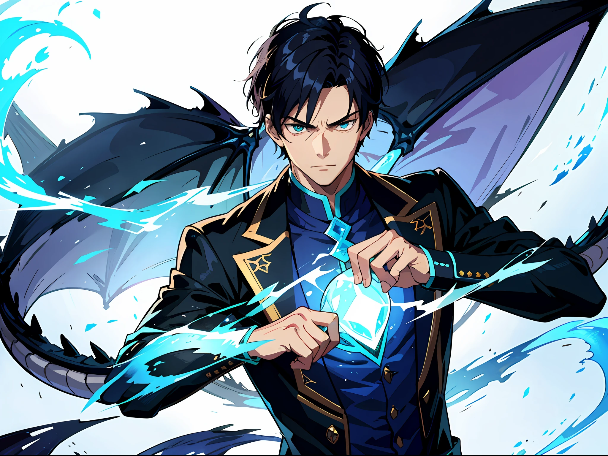 High resolution, highest quality, illustrations, super detail, a young man with an arrogant expression, showing an arrogant smile, and a translucent Azure Dragon phantom appeared behind him