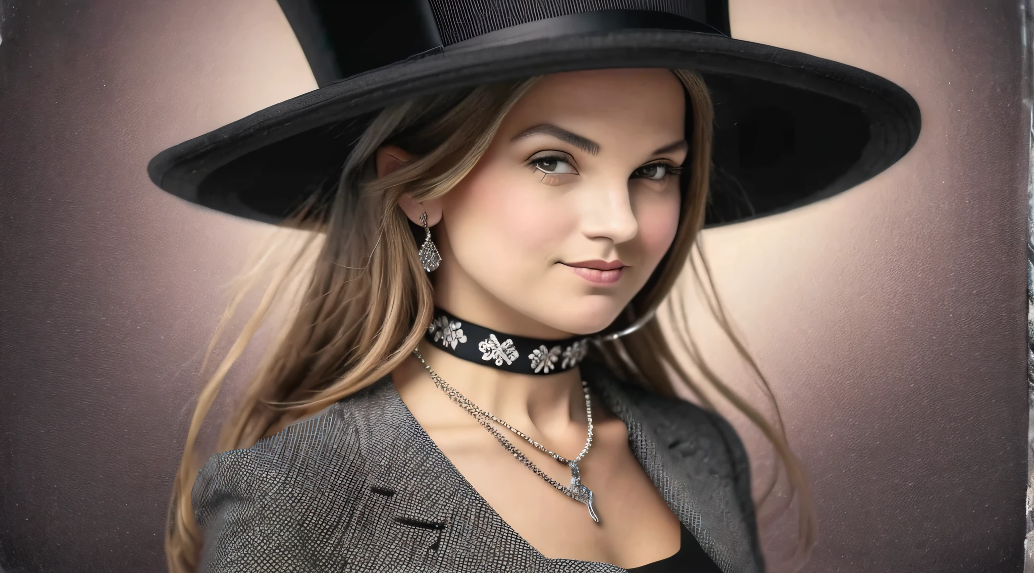 arafed woman in a top hat and a necklace with a cross on it, with hat, wearing a tophat, wearing a chocker and cute hat, wearing black dress and hat, wearing a bowler hat, wearing a hat, wearing a top hat, wearing hat, she is wearing a hat, studio portrait photo, wearing black old dress and hat