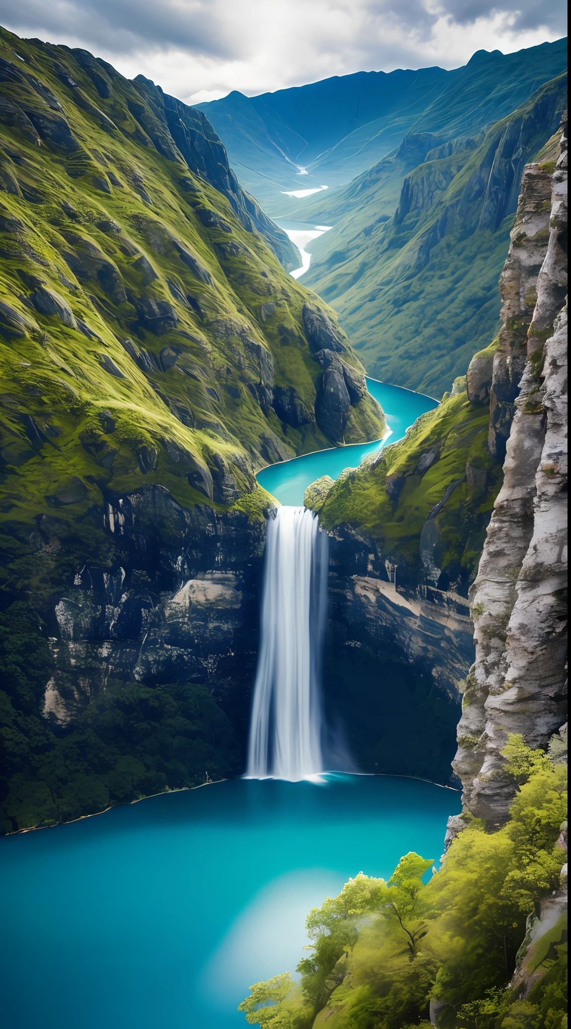 scenery, outdoor, sky, cloud, day, no humans, mountain, panorama, water, tree, blue sky, waterfall, cliff, nature, lake, river, cloudy sky