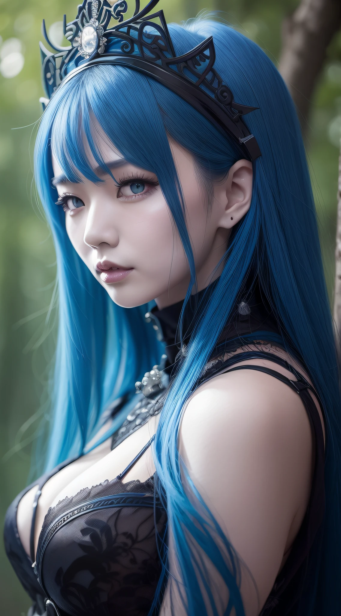 Chinese woman in blue hair and black dress in woods, gorgeous cosplay, decorative gothic - cyberpunk, rococo cyberpunk, dark fantasy style, beautiful elegant demon queen, queen of the forest, portrait of dark fantasy fairy, dark fantasy art style, beautiful dark elf countess, gorgeous cyberpunk armor, dark fantasy portrait, beautiful necromancer