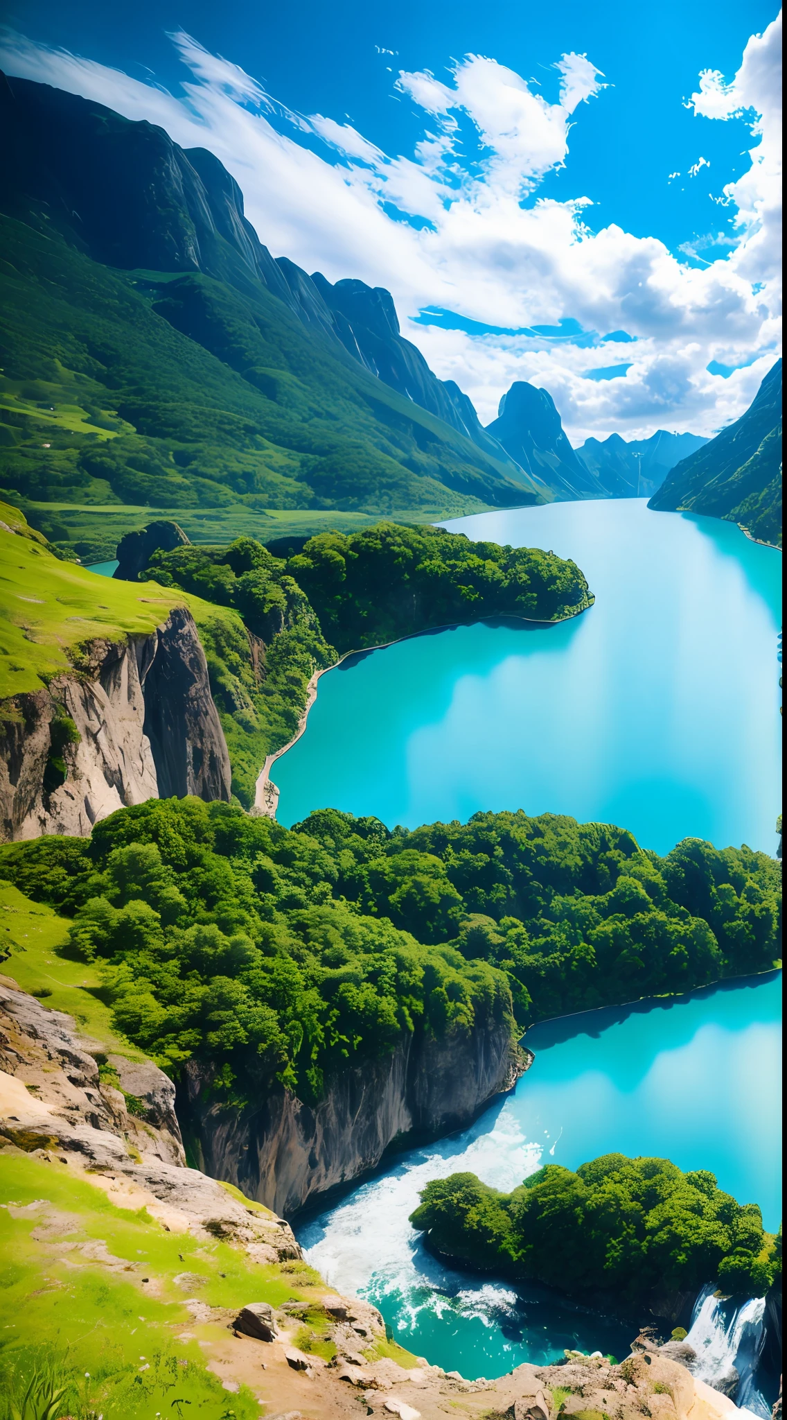 scenery, outdoor, sky, cloud, day, no humans, mountain, panorama, water, tree, blue sky, waterfall, cliff, nature, lake, river, cloudy sky