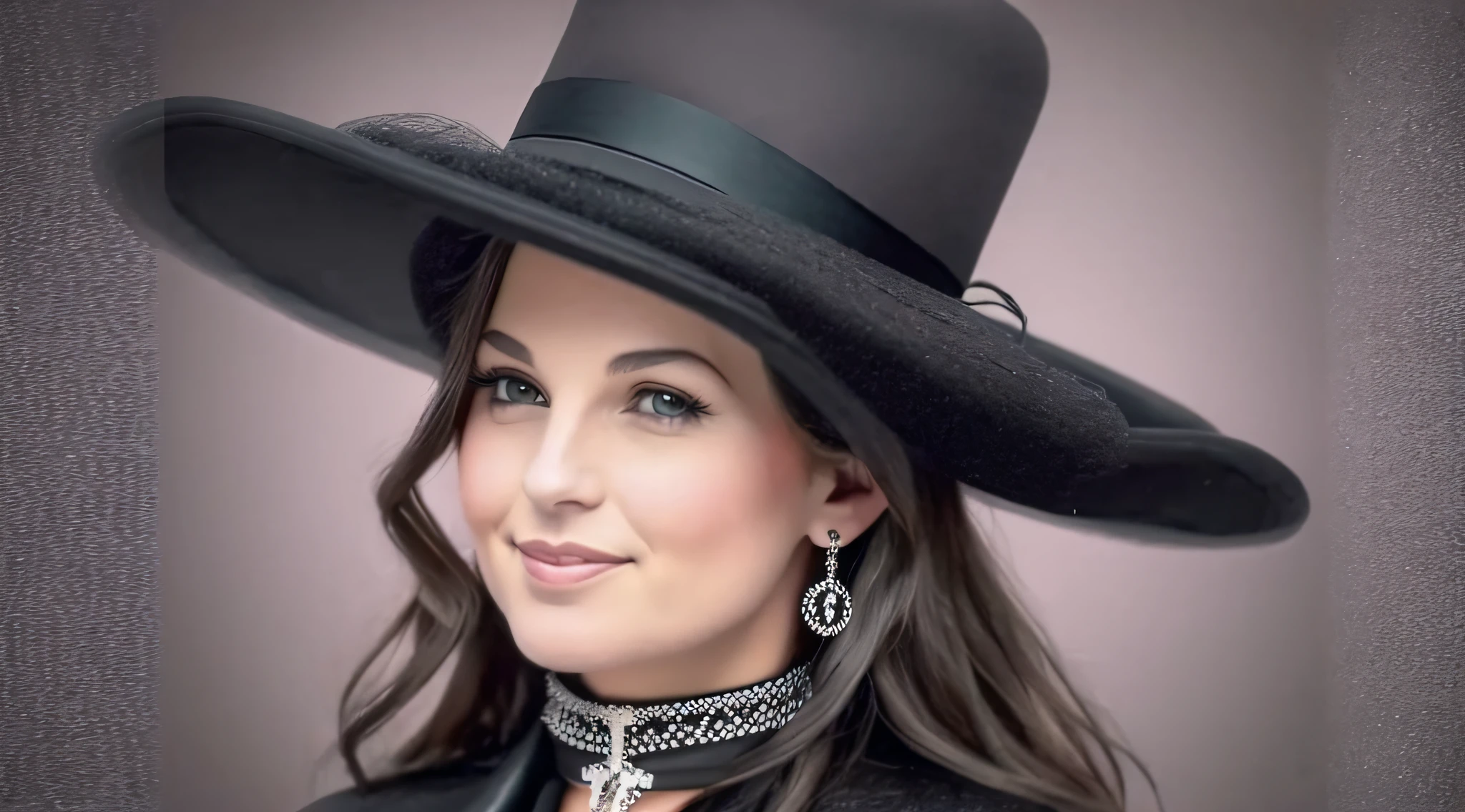 arafed woman in a top hat and a necklace with a cross on it, with hat, wearing a tophat, wearing a chocker and cute hat, wearing black dress and hat, wearing a bowler hat, wearing a hat, wearing a top hat, wearing hat, she is wearing a hat, studio portrait photo, wearing black old dress and hat