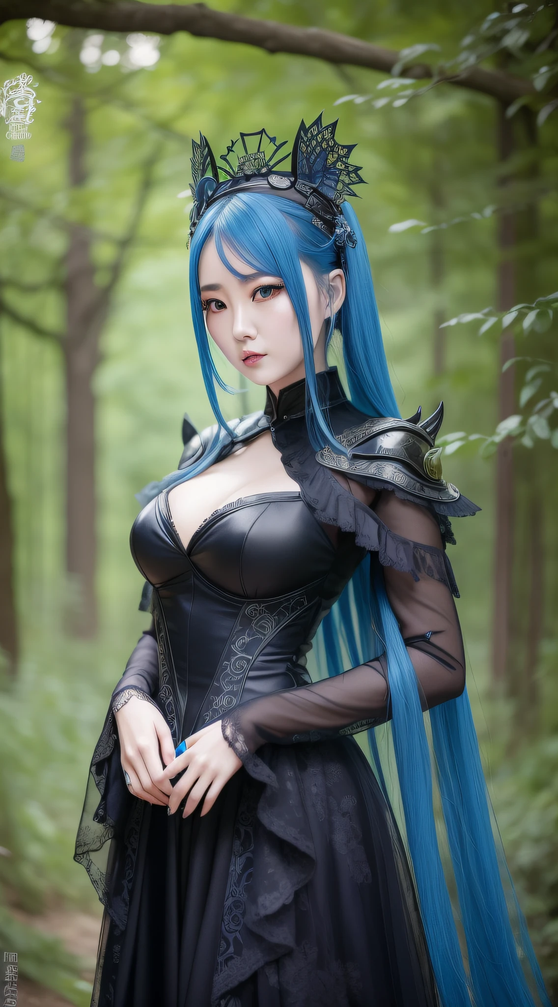 Chinese woman in blue hair and black dress in woods, gorgeous cosplay, decorative gothic - cyberpunk, rococo cyberpunk, dark fantasy style, beautiful elegant demon queen, queen of the forest, portrait of dark fantasy fairy, dark fantasy art style, beautiful dark elf countess, gorgeous cyberpunk armor, dark fantasy portrait, beautiful necromancer