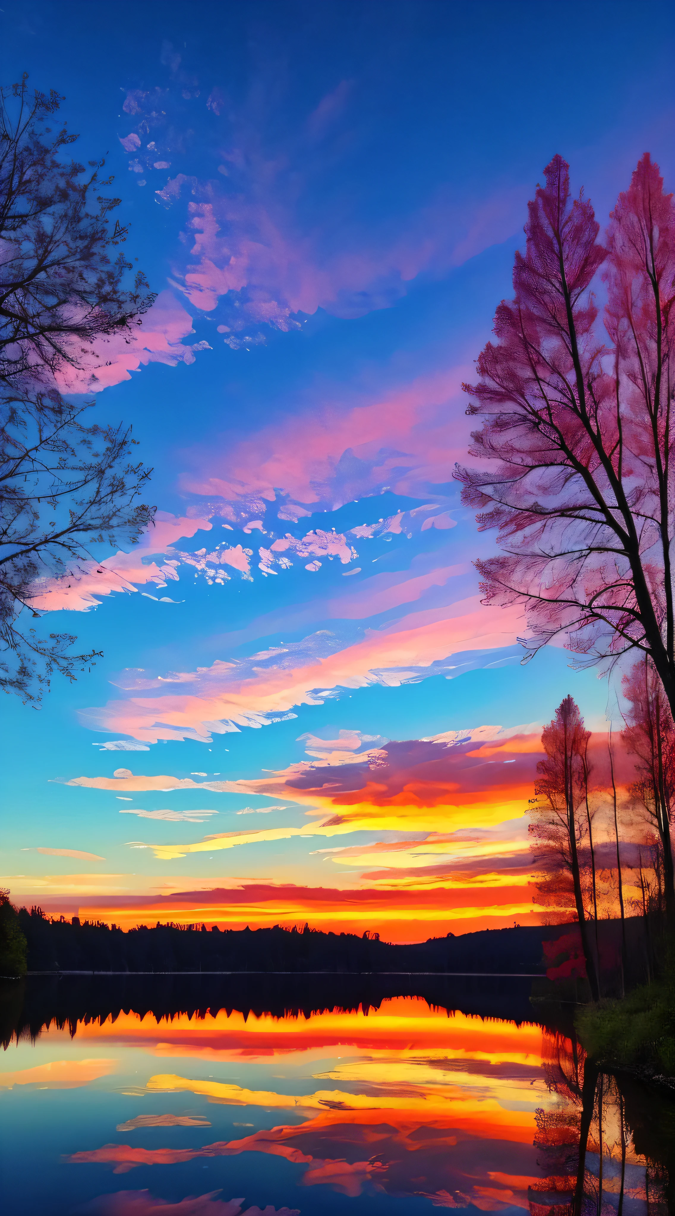 there is a beautiful sunset with a lake and trees in the background, colorful skies, surreal colors, colorful sunset, colorful sky, marvellous reflection of the sky, stunning sky, dream like atmosphere 8k, colorful clouds, colors reflecting on lake, surreal sky, red and blue reflections, fire reflection, beautiful sky, beautiful and spectacular dusk, beautiful dreamy landscape, amazing sky