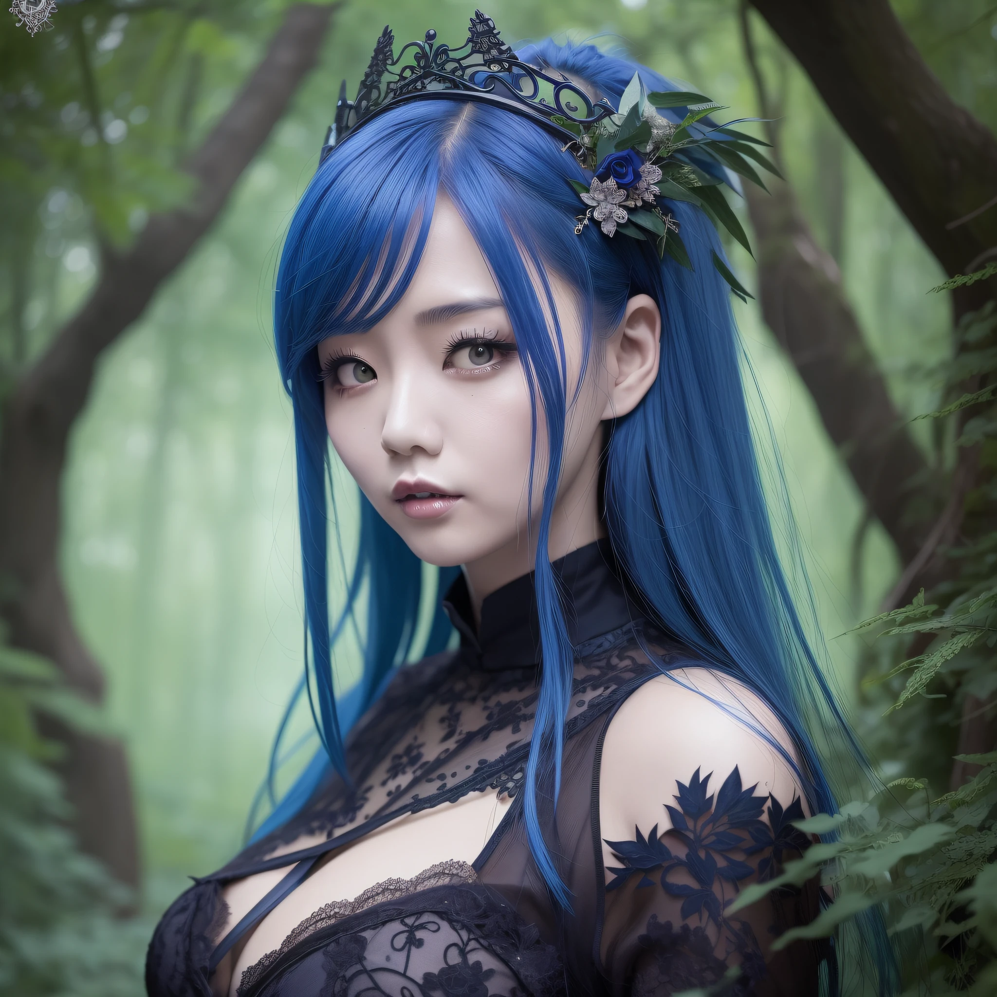 Chinese woman in blue hair and black dress in woods, gorgeous cosplay, decorative gothic - cyberpunk, rococo cyberpunk, dark fantasy style, beautiful elegant demon queen, queen of the forest, portrait of dark fantasy fairy, dark fantasy art style, beautiful dark elf countess, gorgeous cyberpunk armor, dark fantasy portrait, beautiful necromancer