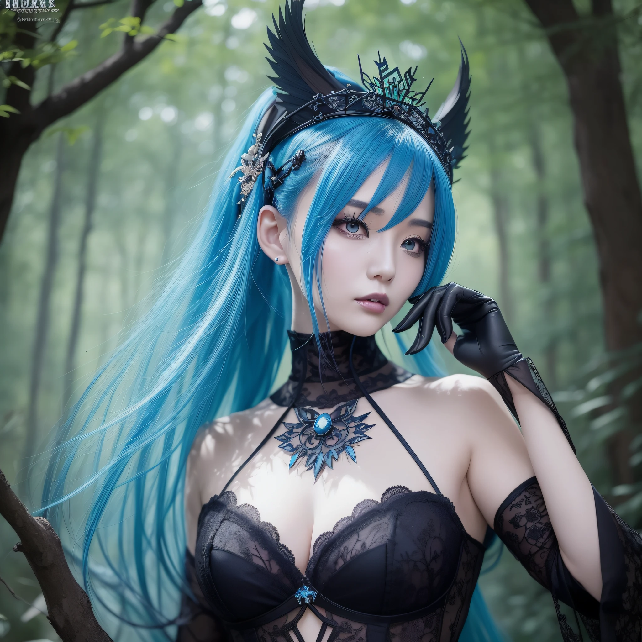 Chinese woman in blue hair and black dress in woods, gorgeous cosplay, decorative gothic - cyberpunk, rococo cyberpunk, dark fantasy style, beautiful elegant demon queen, queen of the forest, portrait of dark fantasy fairy, dark fantasy art style, beautiful dark elf countess, gorgeous cyberpunk armor, dark fantasy portrait, beautiful necromancer