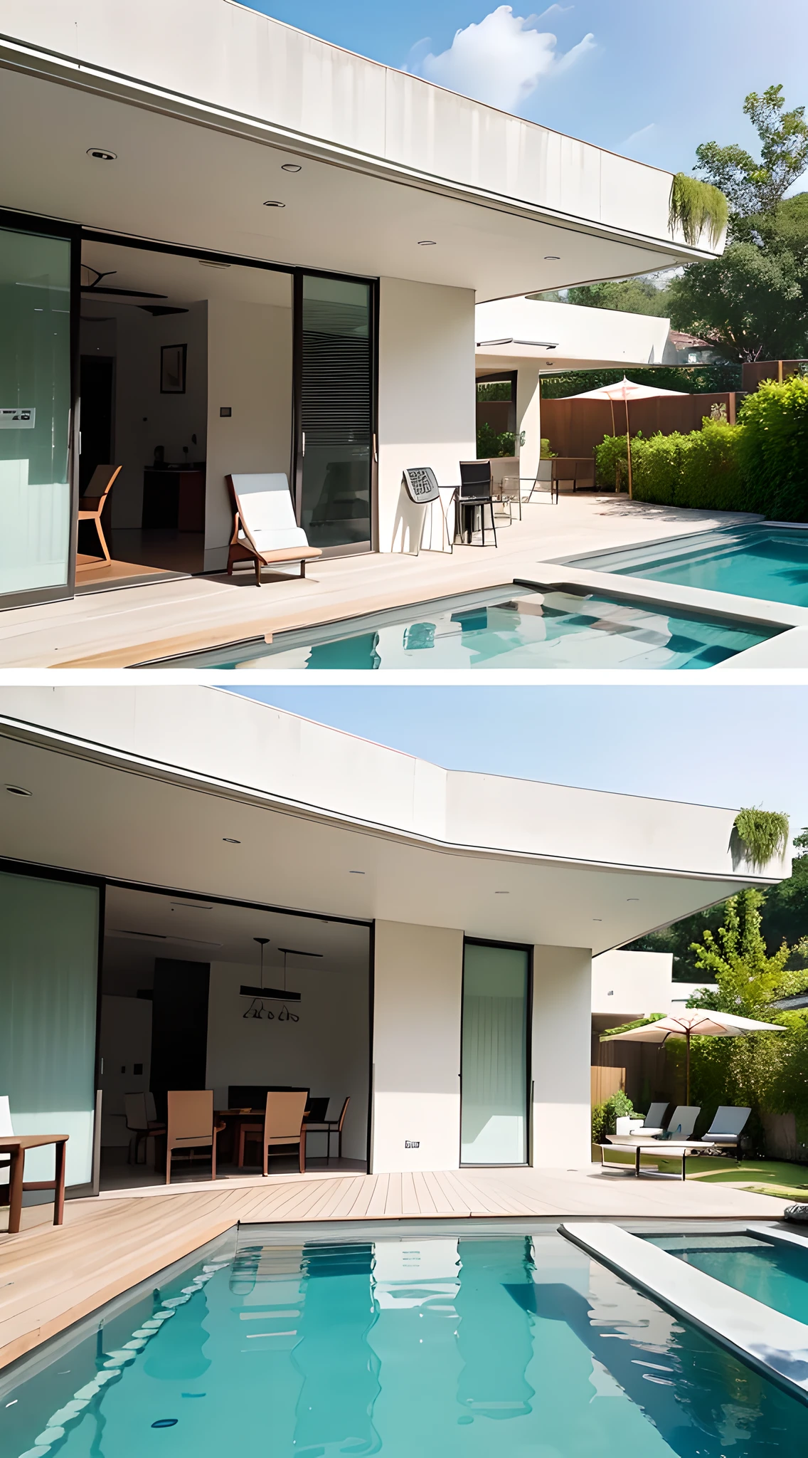 a view of a pool and patio area with a dining table, two-story residential design, open wall architecture, modern design, outdoor tonal colors, modern minimalist, ultra modern, contemporary aesthetic, exceptional details, contemporary design, modern neotraditional, natural light outside, outdoor design, majestic masterpiece, modern details, modern and minimalist, clean lines