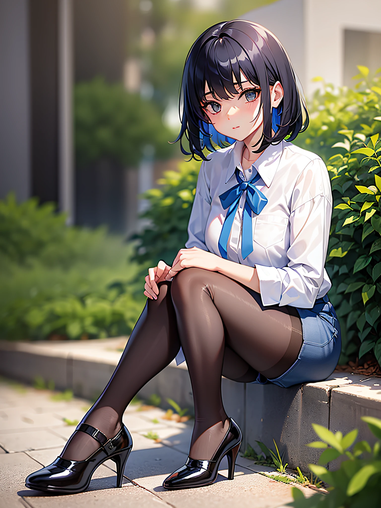 Black hair short, short clothes with white collar sleeves, blue shorts, pantyhose, girl, outdoor, high heels