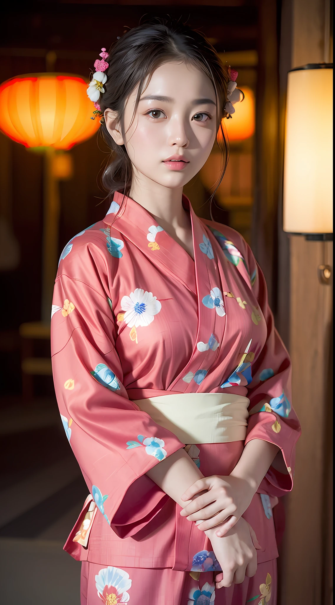 (yinchuan:1.5), close-up, masterpiece, best quality, raw photo, photorealistic, big breasts, beautiful face, soft smile, 20 year old girl, red fabric yukata, floral yukata, night, depth of field, high resolution, ultra detail, fine detail, highly detailed, highly detailed eyes and face, sharp pupils, realistic pupils,