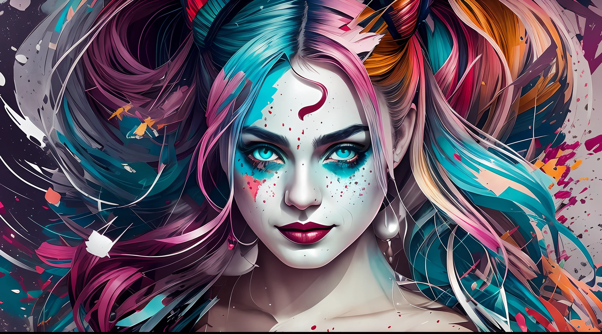 Create a medium shot, colored digital line art portrait of harley quinn character in the style of artists like Russ Mills, Sakimichan, Wlop, Loish, Artgerm, Darek Zabrocki, and Jean-Baptiste Monge. Include colorful splatter drippings, paper texture, and perfect shading, with dramatic lighting. The artwork should be centered, stylized, and elaborate, with a beautiful dress, gorgeous eyes, and a dynamic pose. TanvirTamim. rendered in 8K resolution for high-quality detail