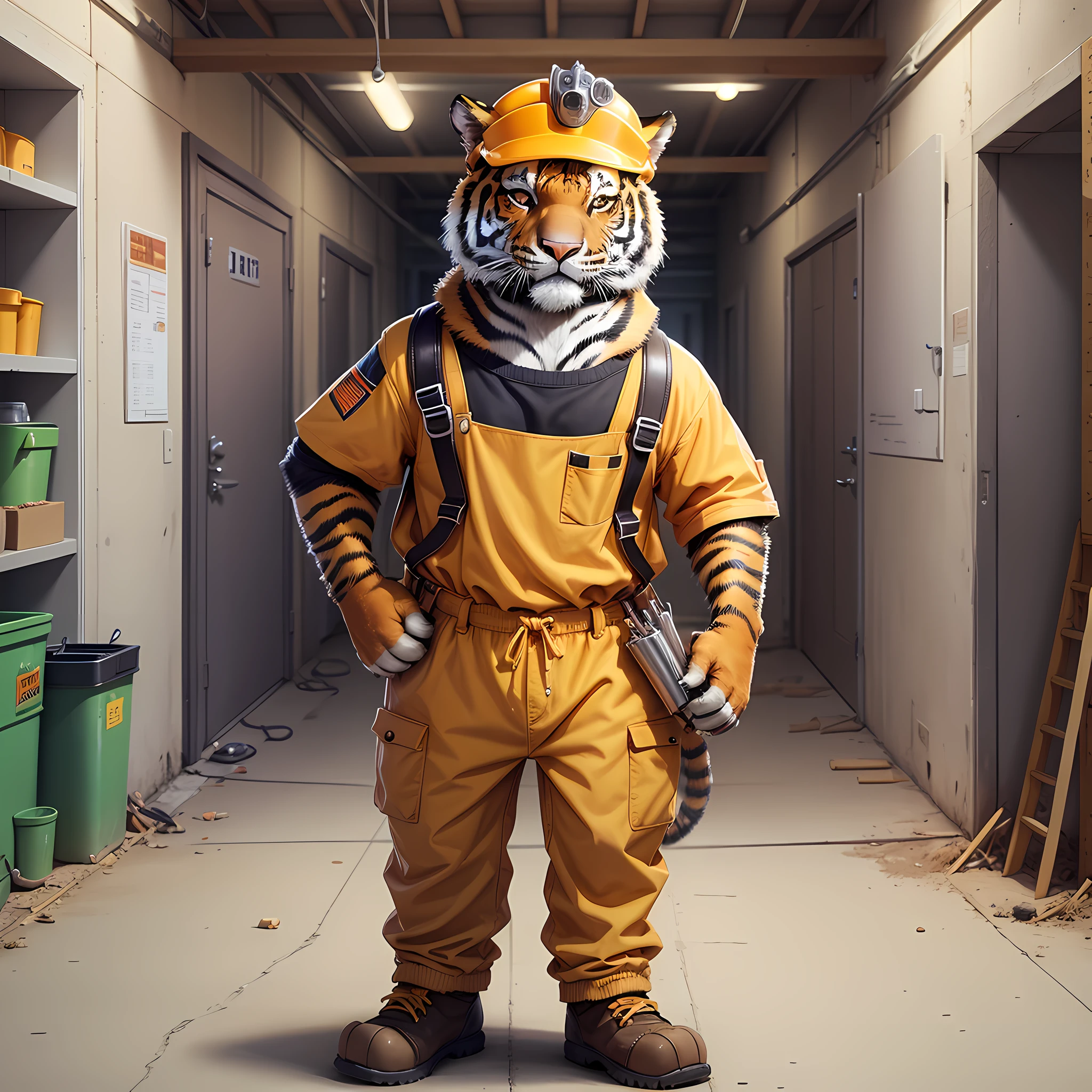 Friendly tiger (animal) dressed as a construction worker looking forward, Equipped with a helmet and tool belt, Engaged in construction activities, Conveying a sense of camaraderie, Adorable and approachable bear character, Authentic and recognizable construction costume, Safe and responsible display of protective equipment, Busy and productive work on the construction site,  Cooperative interactions with other workers, Welcoming and inviting environment, Front photo to engage viewers --auto --s2