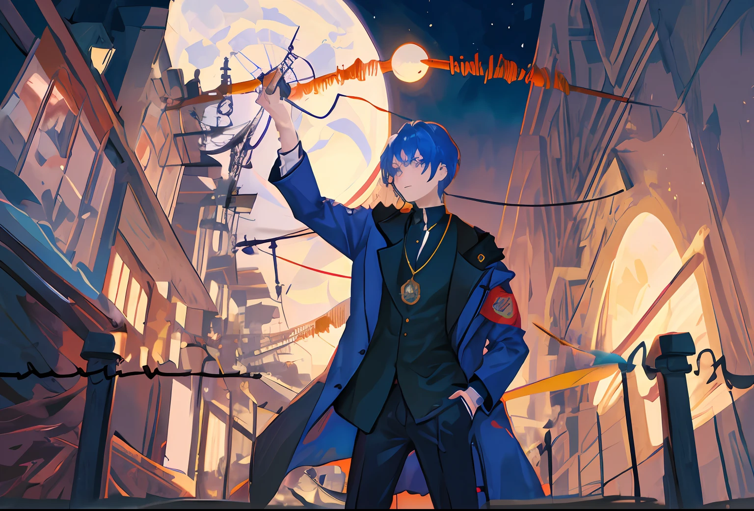 A boy armed with a submachine gun, holding a walkie-talkie in the other hand and wearing a military uniform, stood next to a missile launcher, standing proudly in the afterglow of dusk, presented in the form of a caricature