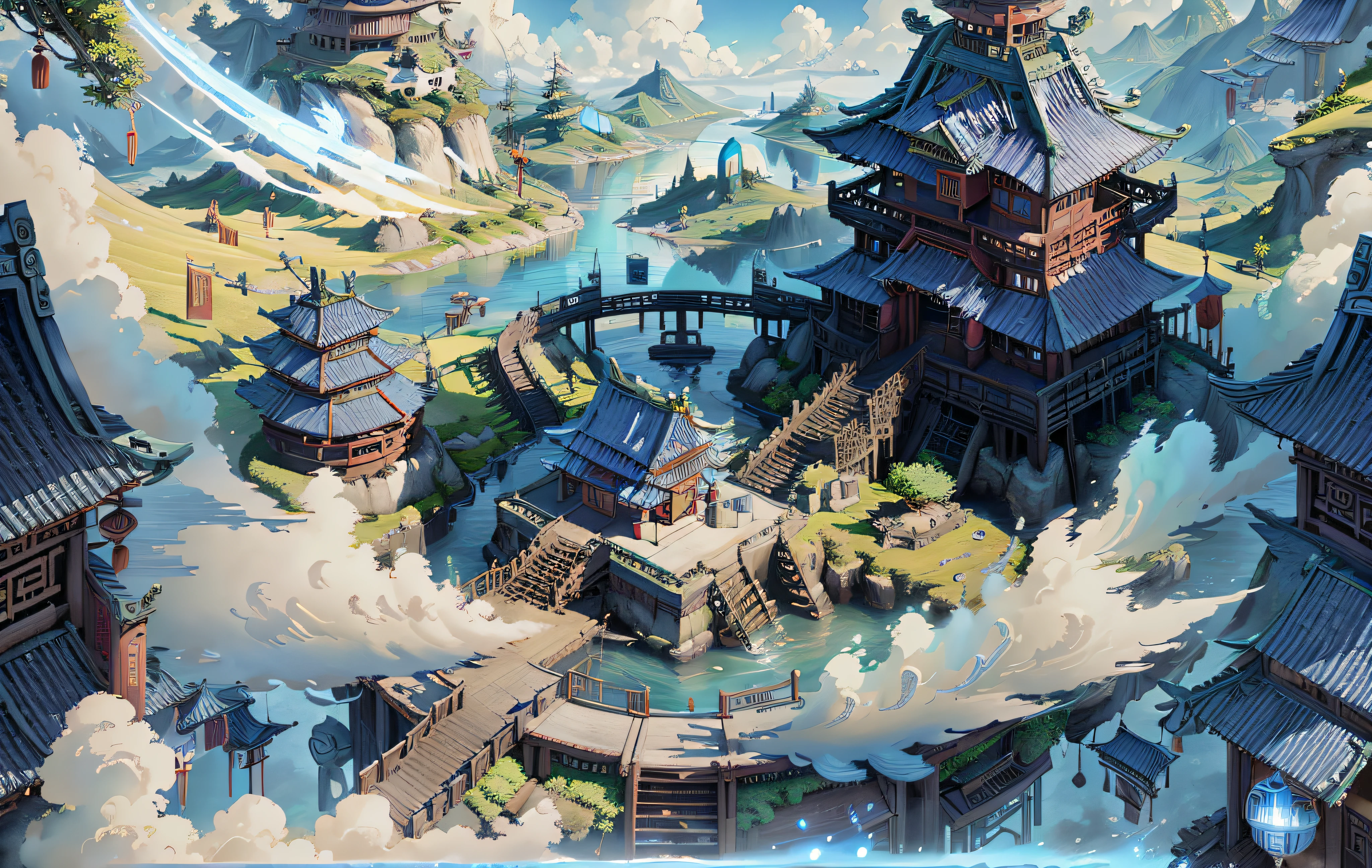 Immortal world, fairy island, sky realm, blue and white tones, science fiction style, ancient Chinese architecture