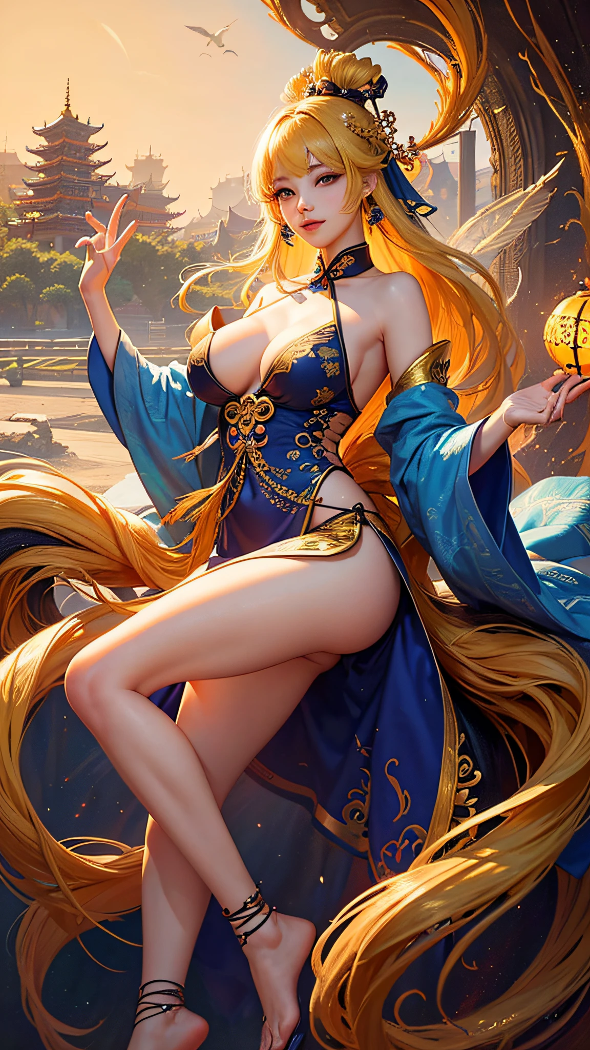 Official Art, Unified 8K Wallpapers, Ultra Detailed, Beautiful and Aesthetic, Masterpiece, Best Quality, (Zentangle, Tangle, Entangle), (fractal art: 1.4), 1girl, yellow hair, Chinese, off-the-shoulders, short skirt, calves, navel,, sexy, very detailed, dynamic angle, oversized tits, cowboyshot, (most beautiful form chaos), ethereal, (bright colors), oc, (half: 1.2), china, (thangka Feitian: 1.5), (ribbon: 1.3), (dream: 1.5), (hanfu: 1.5), Chinese dragon, Chinese phoenix, (smile: 0.5), (Chinese gods),