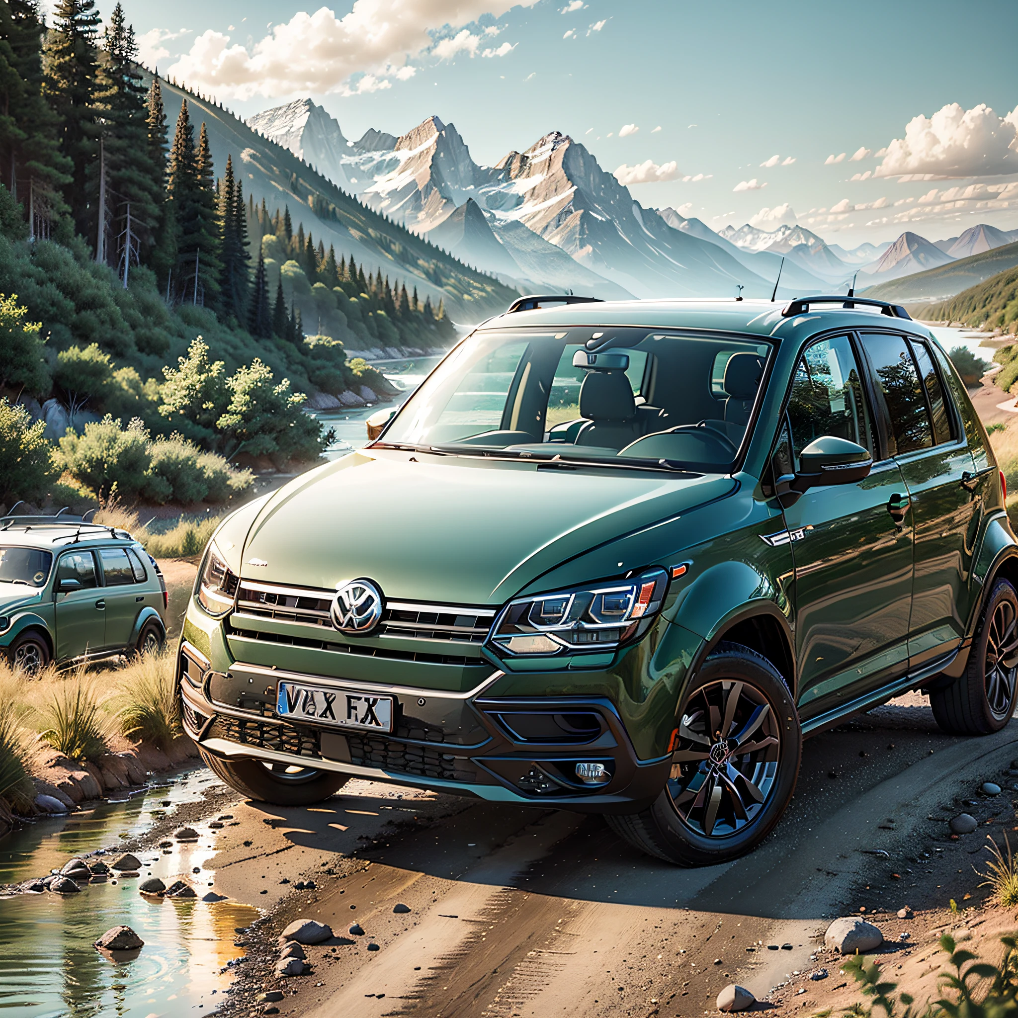 "((best quality)), ultra-detailed,(vw fox:1.2),(dark green color:1.1),(American style:1.1), on a dirt road near a mountain range,(next to a river:1.2),(scenic view:1.1)" --auto --s2