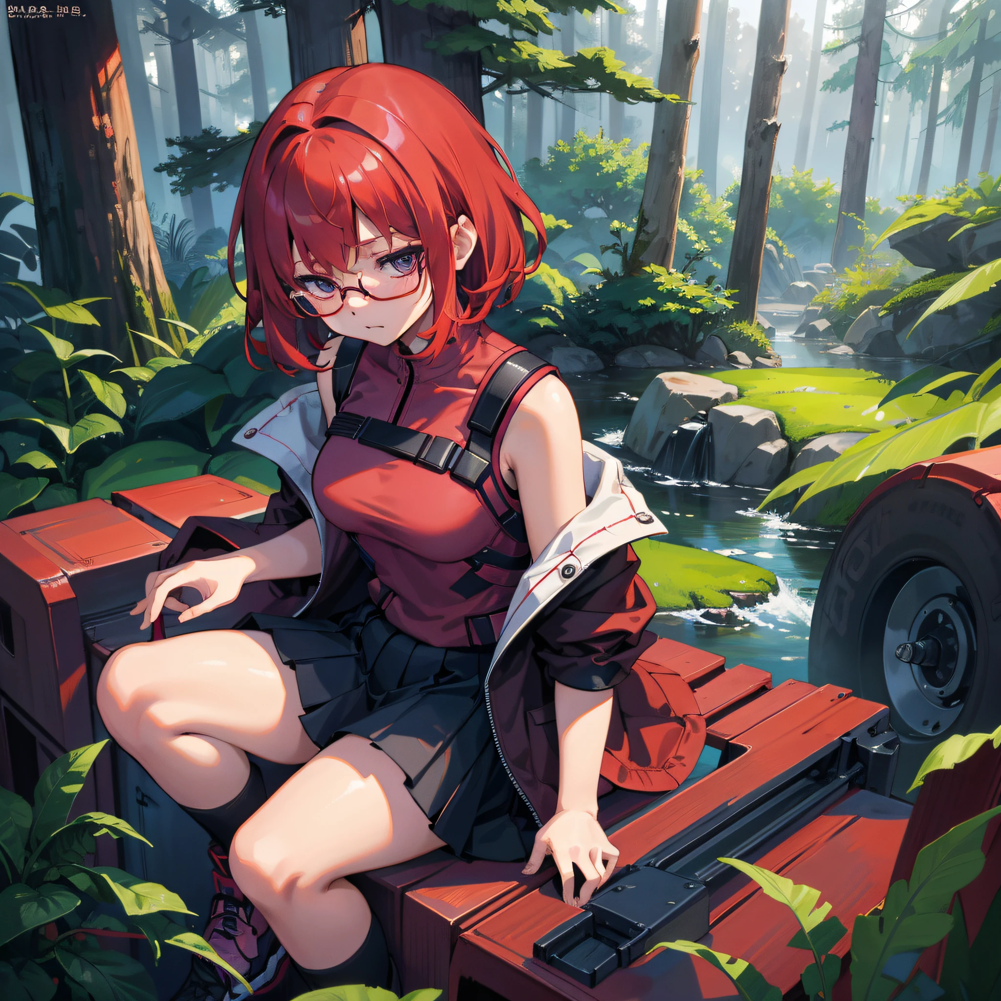 Draw a scene of a red-haired Korean girl with short hair of about , wearing purple glasses, sitting on the shoulder of a giant robot The girl is wearing a short-sleeved jacket and a black skirt that falls to the knee in a forest.