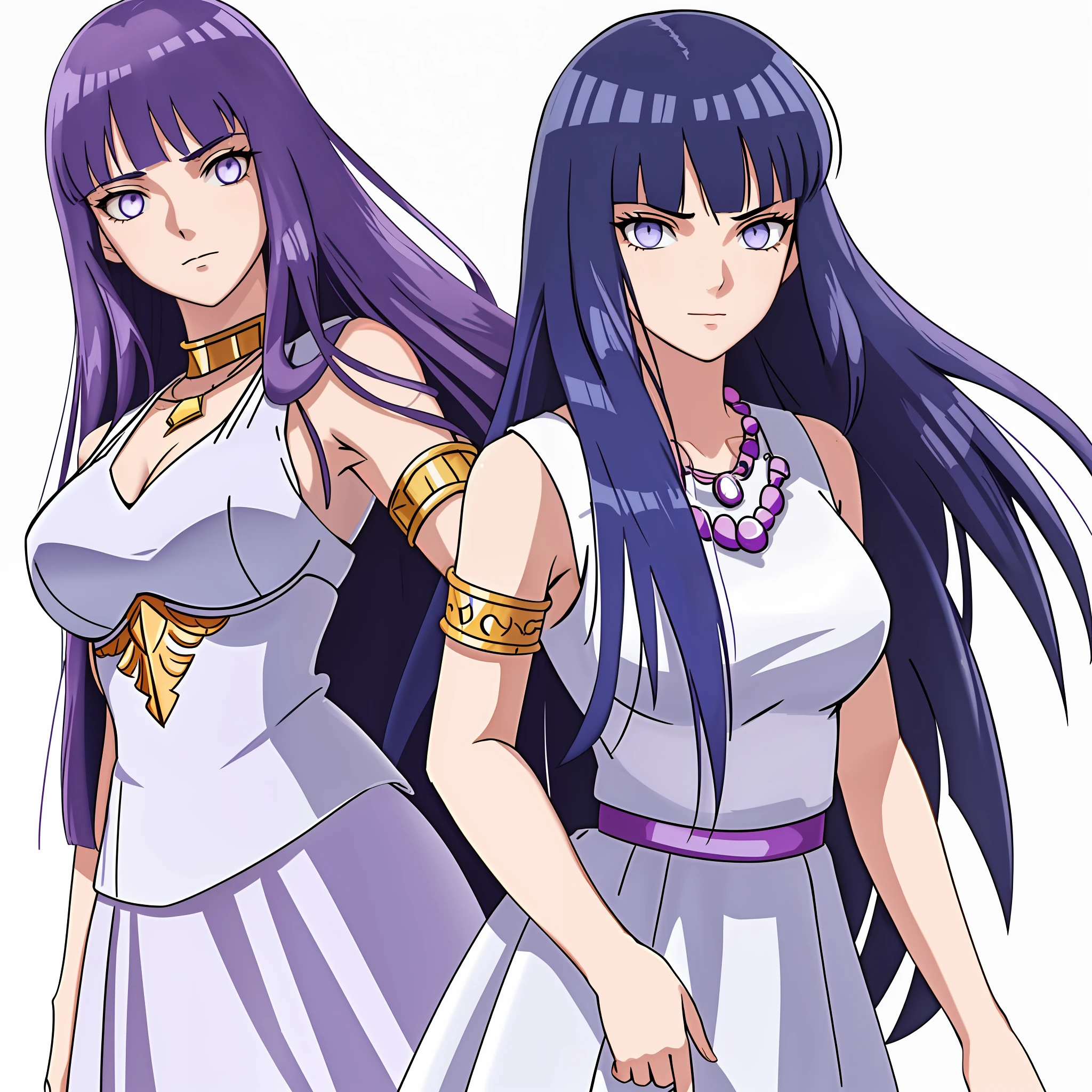 1 girl, solo, Kido_Saori, big_breasts, (((dark blue hair))), purple_eyes, staff, ((white_dress)), armlet, jewelry, blunt bangs, hinata/(boruto/),  necklace, (sleeveless dress, white dress) upper body, serious, staff, jewelry athena (saint seiya) saori kido_saori , white_dress, (simple background, white background)