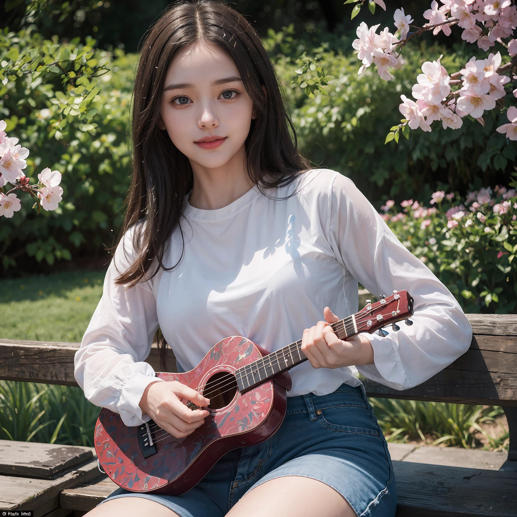 an image of a picturesque park scene where a radiant young woman is sitting on a bench in the park, strumming her ukulele with finesse. Surrounding her, an array of vibrant blossoms bloom and colourful butterflies((2.0)), dotting the landscape with bursts of color. Delicate butterflies gracefully flutter overhead, forming a whimsical dance around her. The sun shines brilliantly, casting a warm glow on her face and illuminating the entire park. Capture the serene ambiance and the girl's sheer joy as she immerses herself in music, nature, and the simple pleasures of a sunny day, wearing white and long sleeves Jeans shirt, blue jeans pant, dark red long messy hair((2.0)), her hair is scattered in the air, cute blue eyes((1.5)), attractive red lips((1.2)), surrealistic digital artwork, hyper detailed hands and fingers, starring at the ukulele, smiling, hyper focused medium angel shot, extremely detailed ukulele, luminous, volumetric and holographic lighting effects, colourful butterflies are flying over her head and around her ((must include 1.5)), beautiful flowers(((2.5))