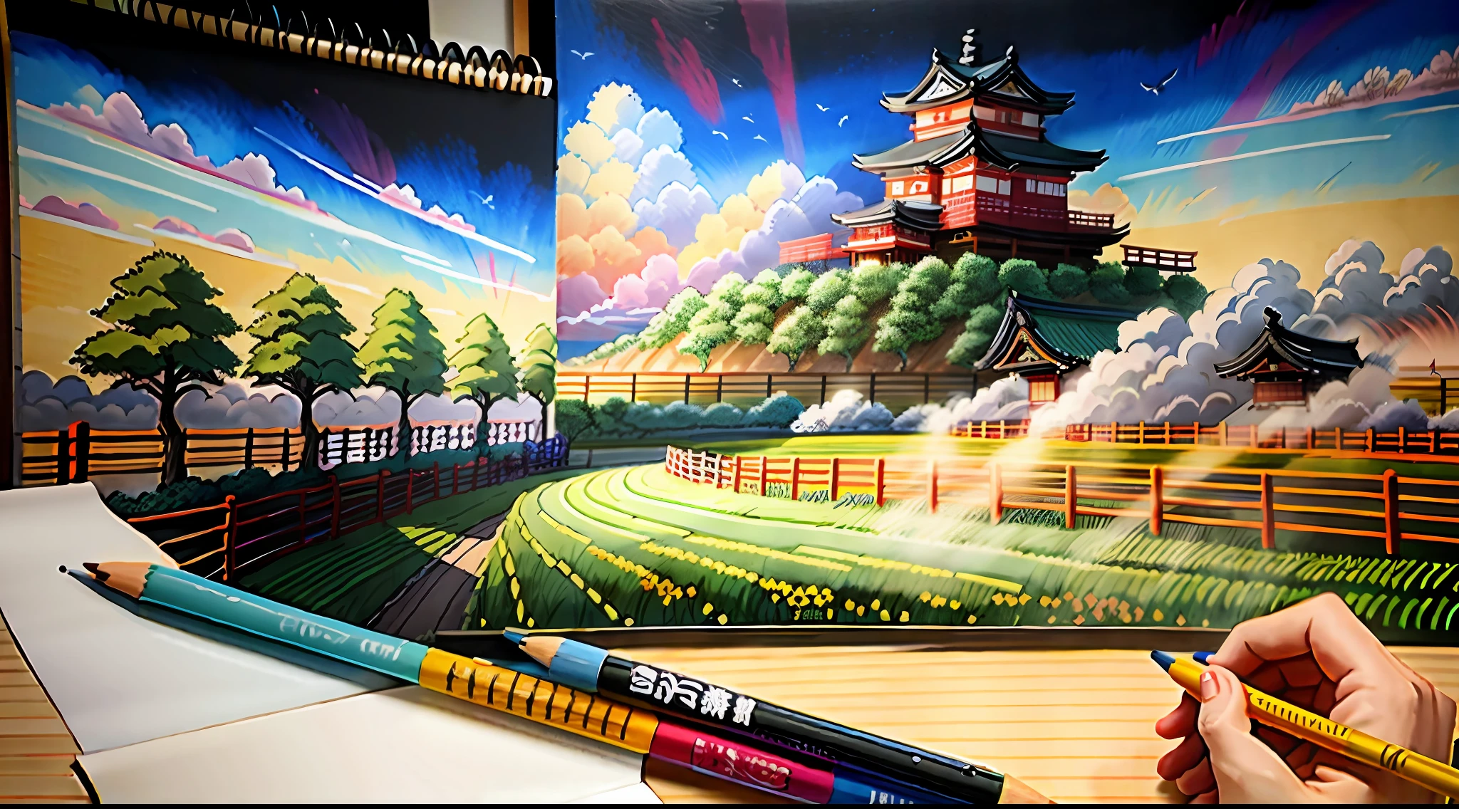 "Drawing by Akira toryama of a Japanese city at the time of feudal Japan." :1 + "Beautiful composition, clouds in the sky, flowers, horses in the field, people working in agriculture, overview." :2 + "Drawing done on paper, drawing done in pencil, anime art style, manga art style, colorful drawing." :1.5 + "High quality. High details. 4K":1.5