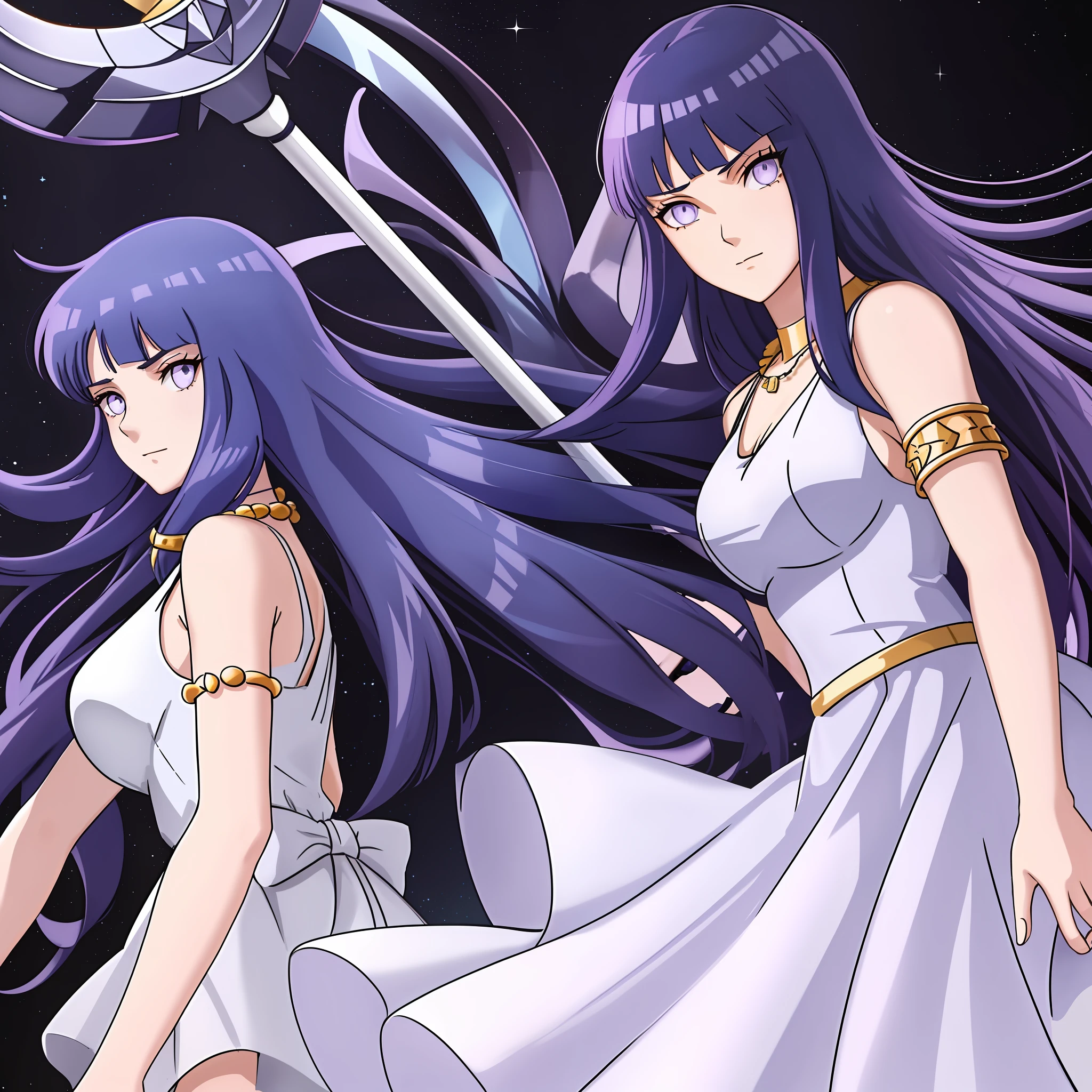 1 girl, solo, Kido_Saori, big_breasts, (((dark blue hair))), purple_eyes, staff, ((white_dress)), armlet, jewelry, blunt bangs, hinata/(boruto/), necklace, (sleeveless dress, white dress) upper body, serious, staff, jewelry athena (saint seiya) saori kido_saori , white_dress, (simple background, white background)