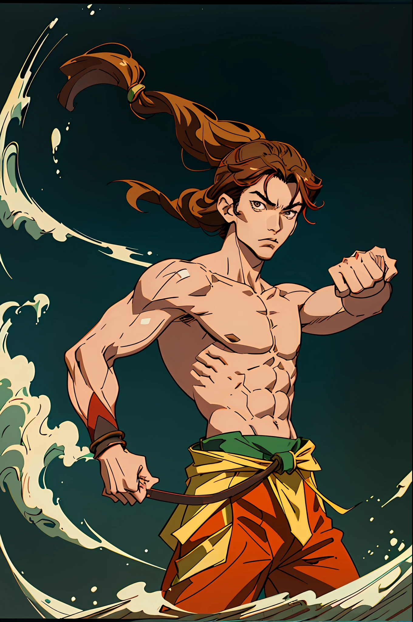 (best quality, masterpiece), 1boy, brown anime style hair, shirtless, looking at the viewer, upper body, araki hirohiko \(style\), standing pose, anime style, training martial arts, realistic arms, arms raised, details, battle pose
