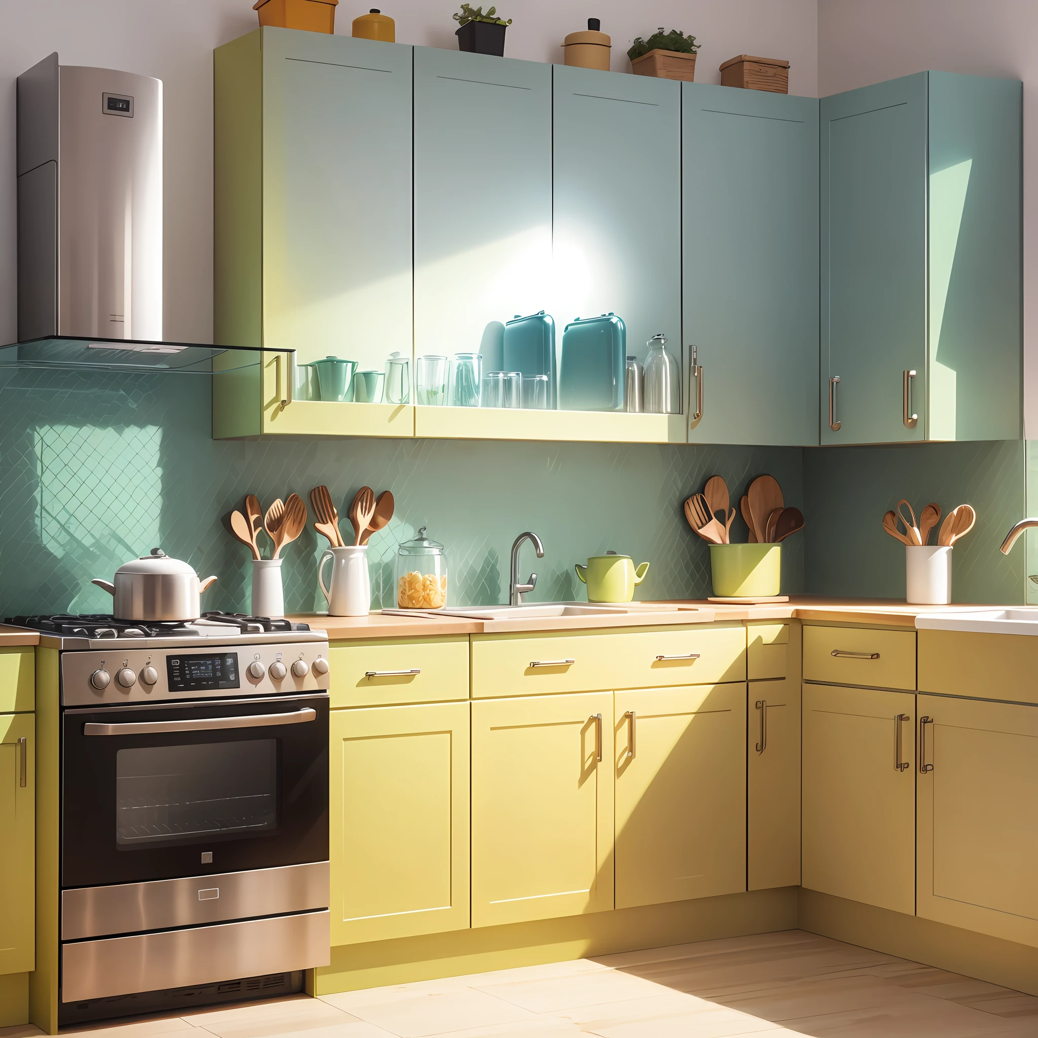 Imagine a small but functional kitchen with a countertop that includes a glass pan to display your crockery and glass.
Visualize bright yellow cabinets that add a touch of color and personality to the environment.
Think of a well-planned LED lighting that highlights the kitchen work areas and creates a warm and pleasant atmosphere.
Consider the layout of household appliances, such as stove, refrigerator, microwave and washing machine, in order to optimize the available space and make the environment more practical and functional.
Remember to choose durable and high-quality materials for furniture and countertops, in order to ensure the longevity of the kitchen and make it more resistant to daily use. --auto --s2