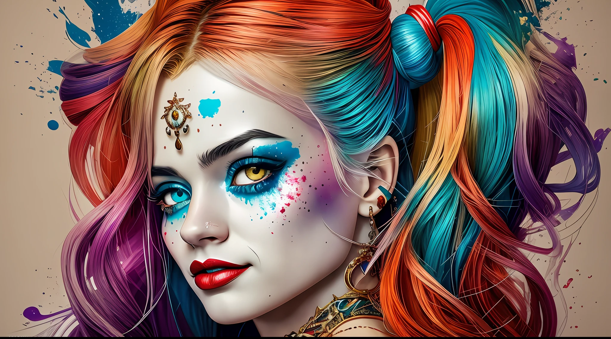 Create a medium shot, colored digital line art portrait of harley quinn character in the style of artists like Russ Mills, Sakimichan, Wlop, Loish, Artgerm, Darek Zabrocki, and Jean-Baptiste Monge. Include colorful splatter drippings, paper texture, and perfect shading, with dramatic lighting. The artwork should be centered, stylized, and elaborate, with a beautiful dress, gorgeous eyes, and a dynamic pose. TanvirTamim. rendered in 8K resolution for high-quality detail,anatomia perfeita, mãos com 4 dedos e 1 polegar, renderizado em resolução 8K para detalhes de alta qualidade, qualidade de imagem 8K, imagem em alta resolução 8K, hiper detalhado, super realista, detalhes intricados