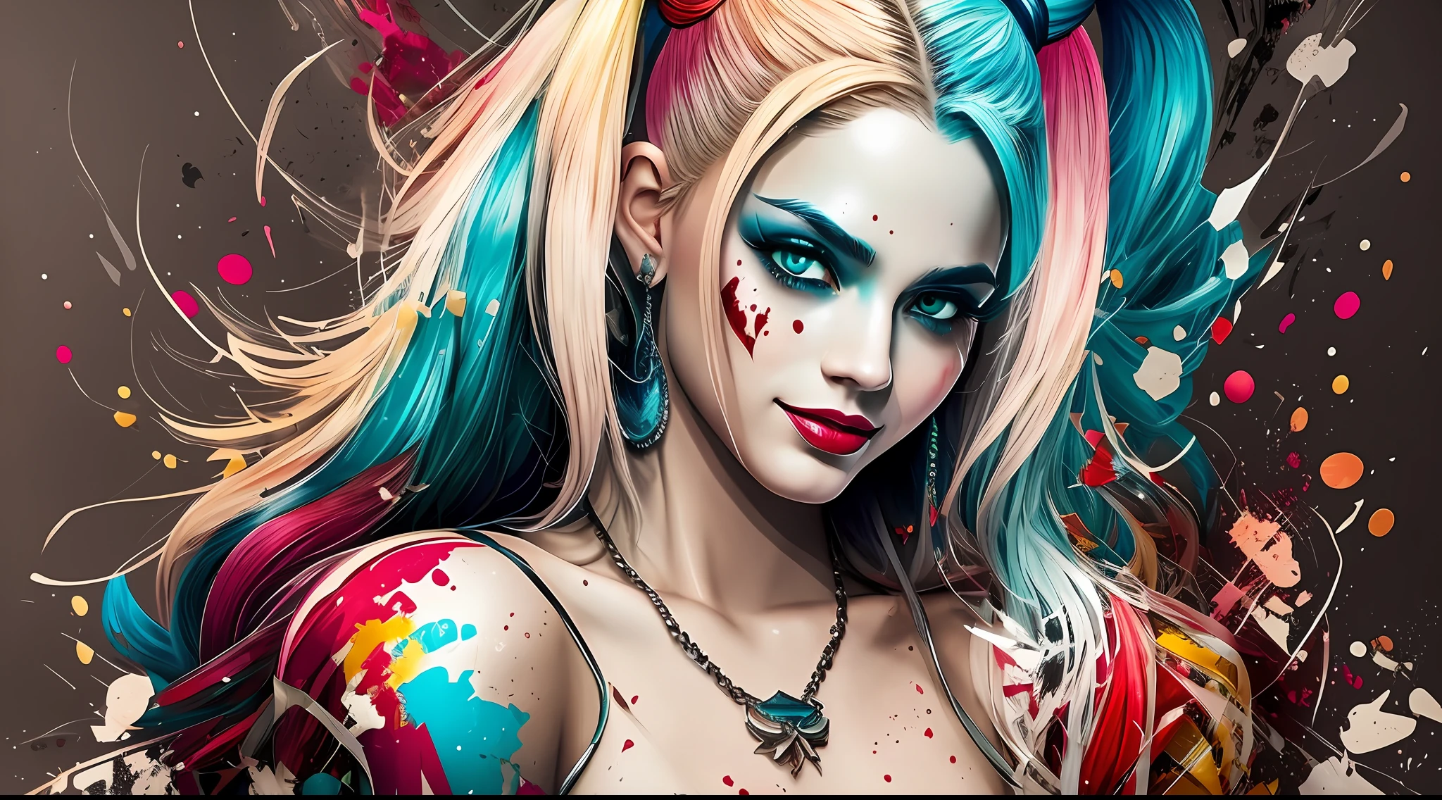 Create a medium shot, colored digital line art portrait of harley quinn character in the style of artists like Russ Mills, Sakimichan, Wlop, Loish, Artgerm, Darek Zabrocki, and Jean-Baptiste Monge. Include colorful splatter drippings, paper texture, and perfect shading, with dramatic lighting. The artwork should be centered, stylized, and elaborate, with a beautiful dress, gorgeous eyes, and a dynamic pose. TanvirTamim. rendered in 8K resolution for high-quality detail,anatomia perfeita, mãos com 4 dedos e 1 polegar, renderizado em resolução 8K para detalhes de alta qualidade, qualidade de imagem 8K, imagem em alta resolução 8K, hiper detalhado, super realista, detalhes intricados
