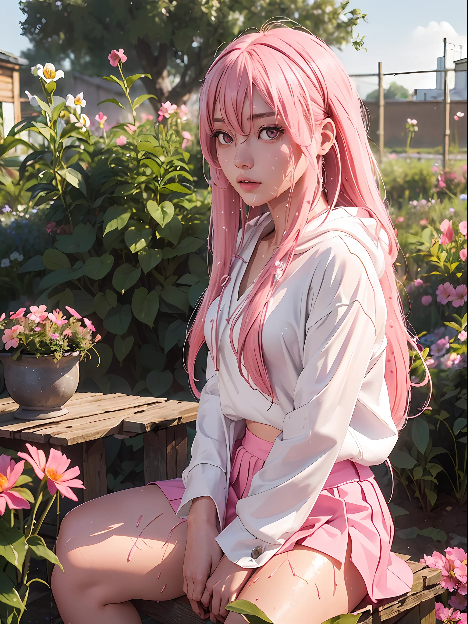 Nankotobuki \ (Shinobi no ko \), hoodie, realistic, 3D, wet, open clothes, flower garden, one girl with long pink hair sitting in a field of plants and flowers, white blouse, pink miniskirt,