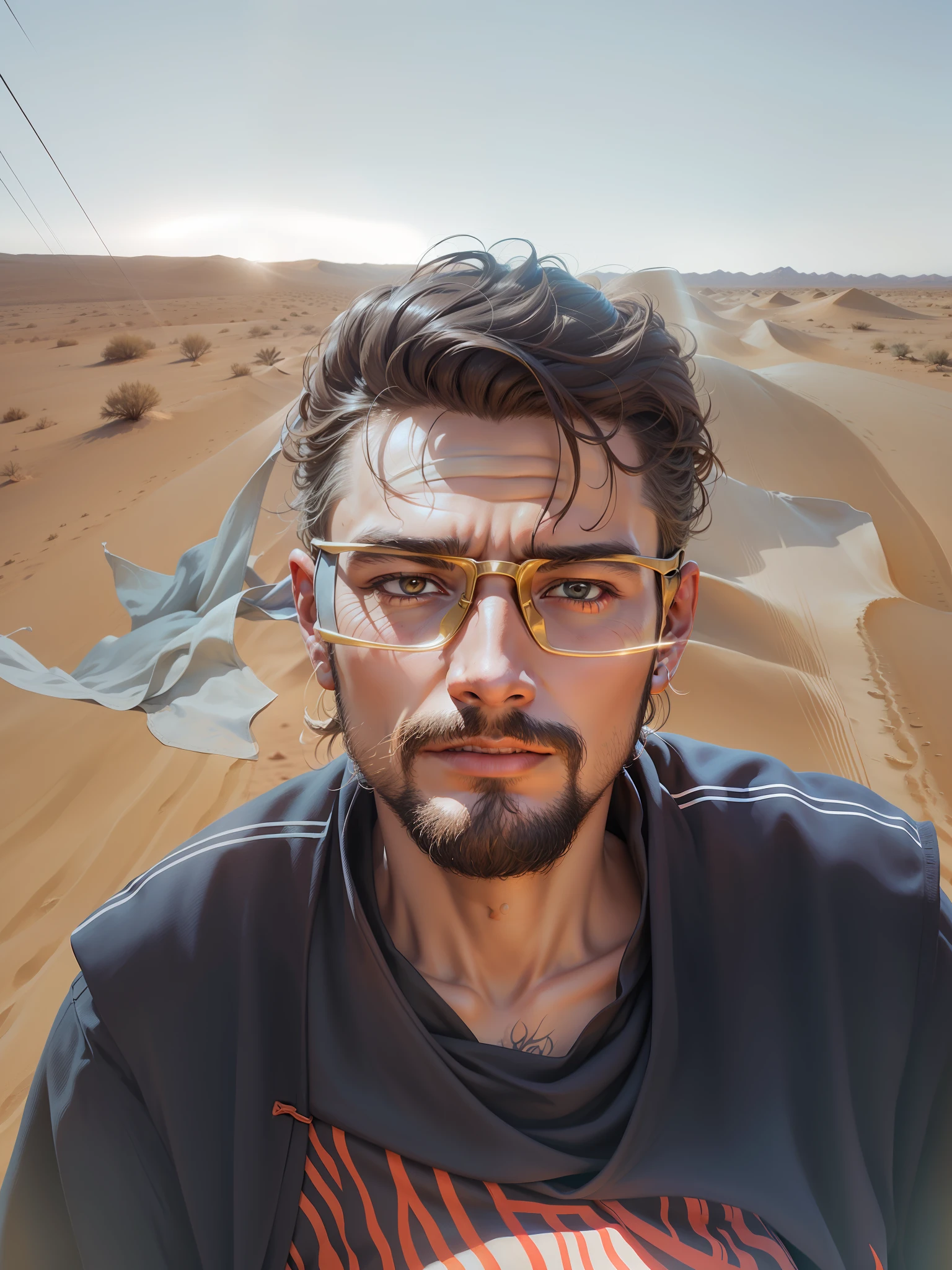 closeup portrait of a man in robes standing on a desert dune, lens flare, sandals, bandana