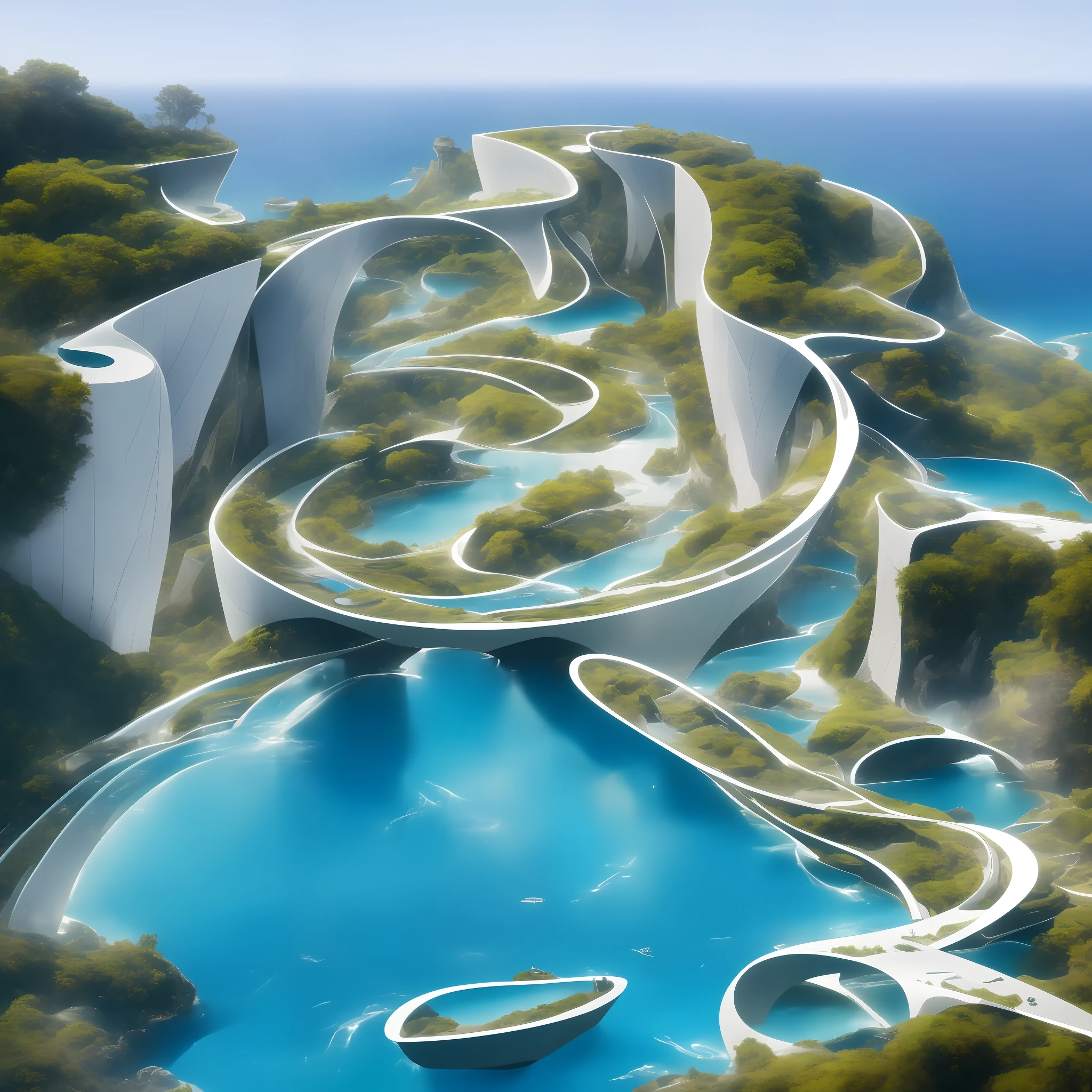a modern futuristic design large cliff House's with a artificial waterfall and a pool in the middle, nature meets architecture, built around blue ocean, realistic beehive architecture, organic architecture, very close to real nature, breathtaking render, island with cave, stunning architecture, luxury architecture, realistic fantasy render, by Zha Shibiao, epic and stunning, architectural visualization, epic architecture, concept art. 8 k