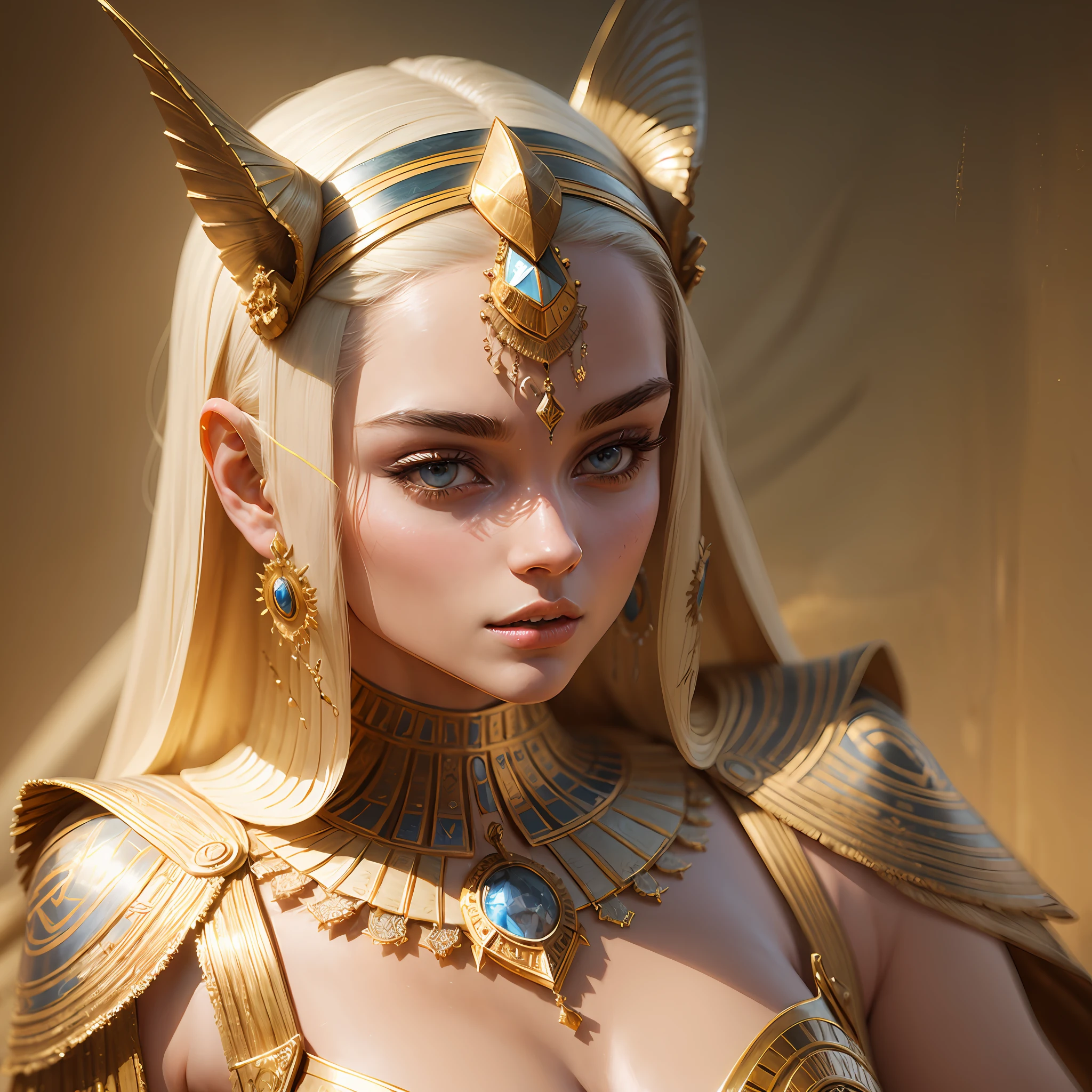 Delicate living sphinx, Elle Fanning's face, Straight short hair, Egyptian style, appealing almond eyes, Sharp, intricate focus, Realistic lighting, Atmospheric, Artstation --auto --s2