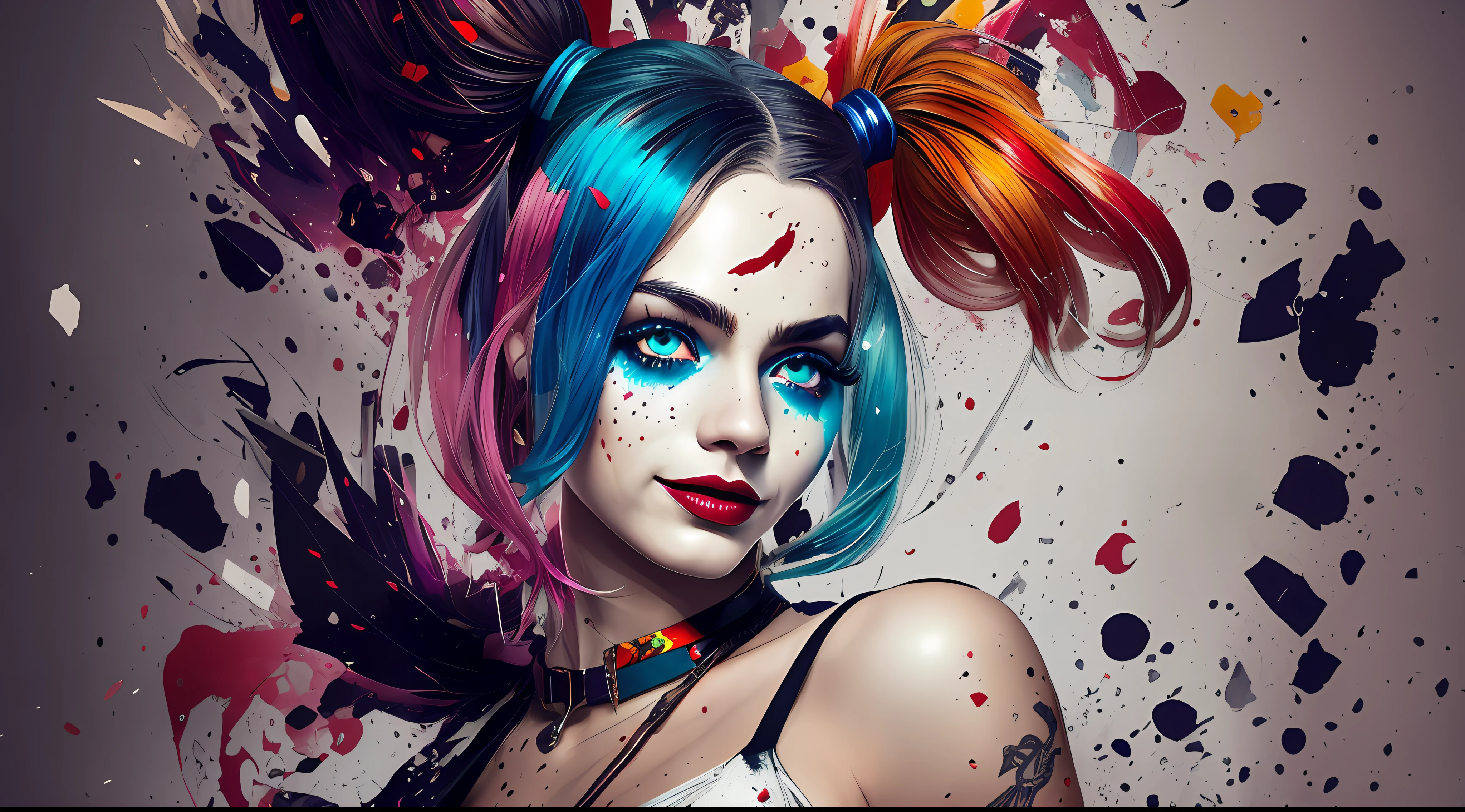 Create a medium shot, colored digital line art portrait of harley quinn character in the style of artists like Russ Mills, Sakimichan, Wlop, Loish, Artgerm, Darek Zabrocki, and Jean-Baptiste Monge. Include colorful splatter drippings, paper texture, and perfect shading, with dramatic lighting. The artwork should be centered, stylized, and elaborate, with a beautiful dress, gorgeous eyes, and a dynamic pose. TanvirTamim. rendered in 8K resolution for high-quality detail