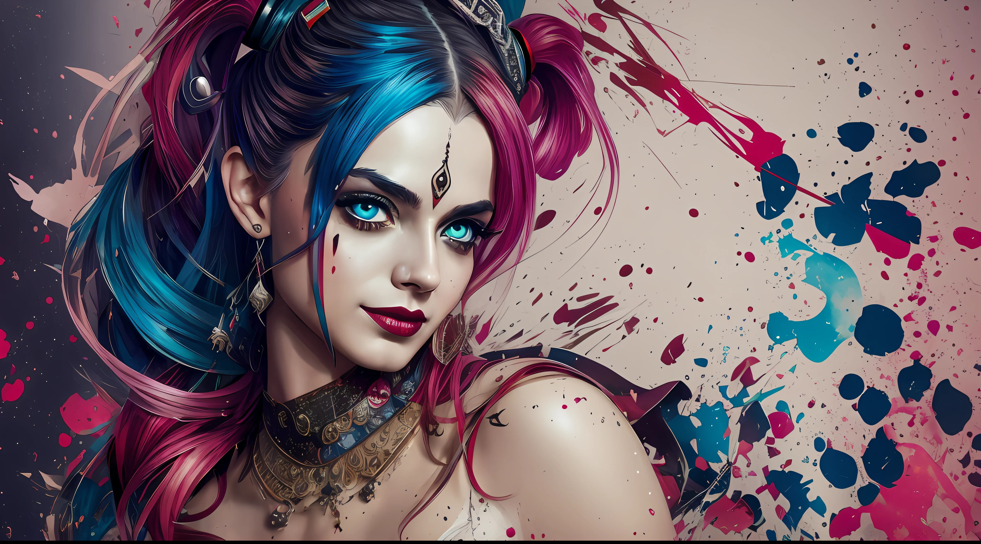 Create a medium shot, colored digital line art portrait of harley quinn character in the style of artists like Russ Mills, Sakimichan, Wlop, Loish, Artgerm, Darek Zabrocki, and Jean-Baptiste Monge. Include colorful splatter drippings, paper texture, and perfect shading, with dramatic lighting. The artwork should be centered, stylized, and elaborate, with a beautiful dress, gorgeous eyes, and a dynamic pose. TanvirTamim. rendered in 8K resolution for high-quality detail