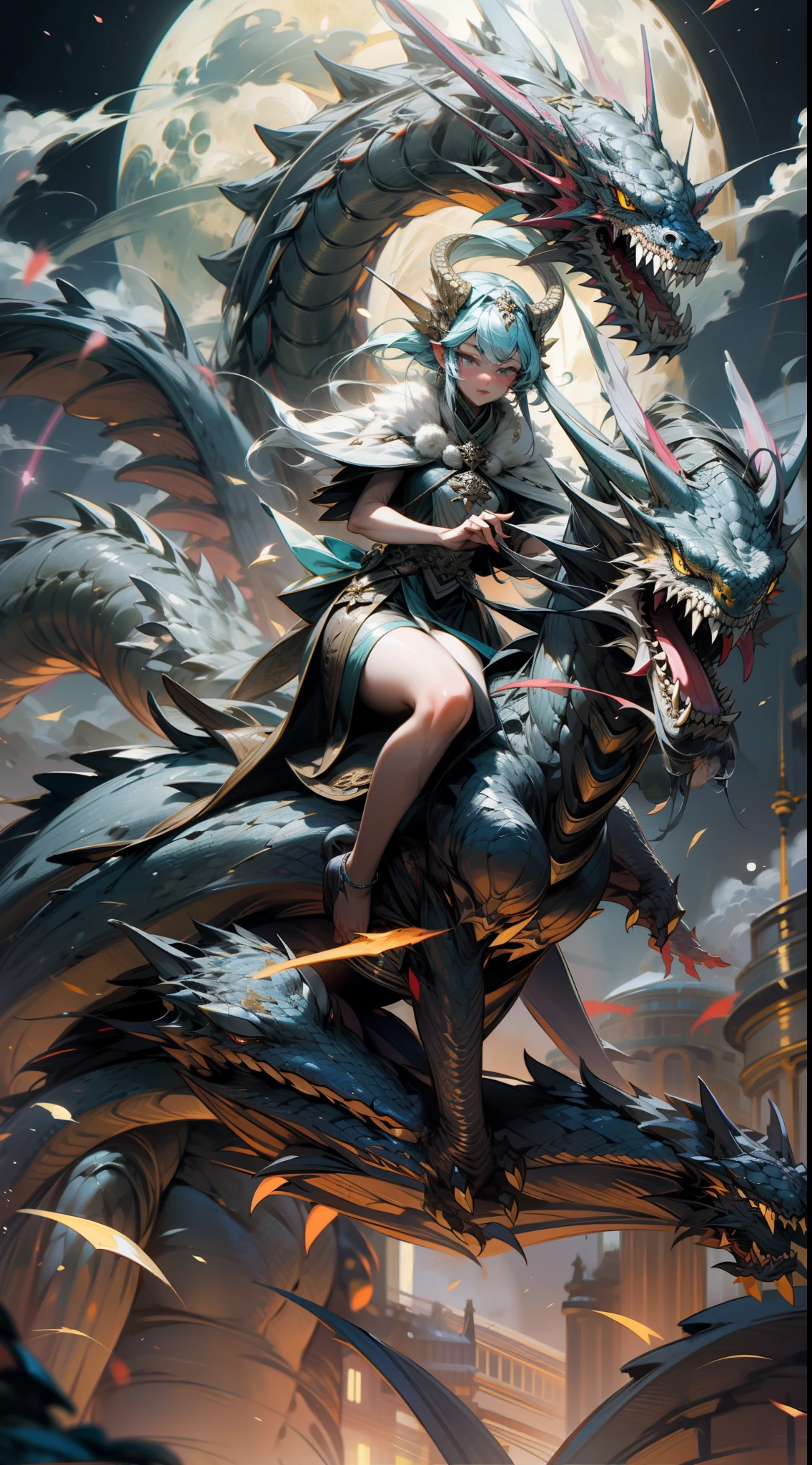 4K picture quality, masterpiece, superlative, night, full moon, a mature woman, royal sister, cold face, oriental dragon soaring in the sky, woman riding on the body of a dragon, woman can see her legs