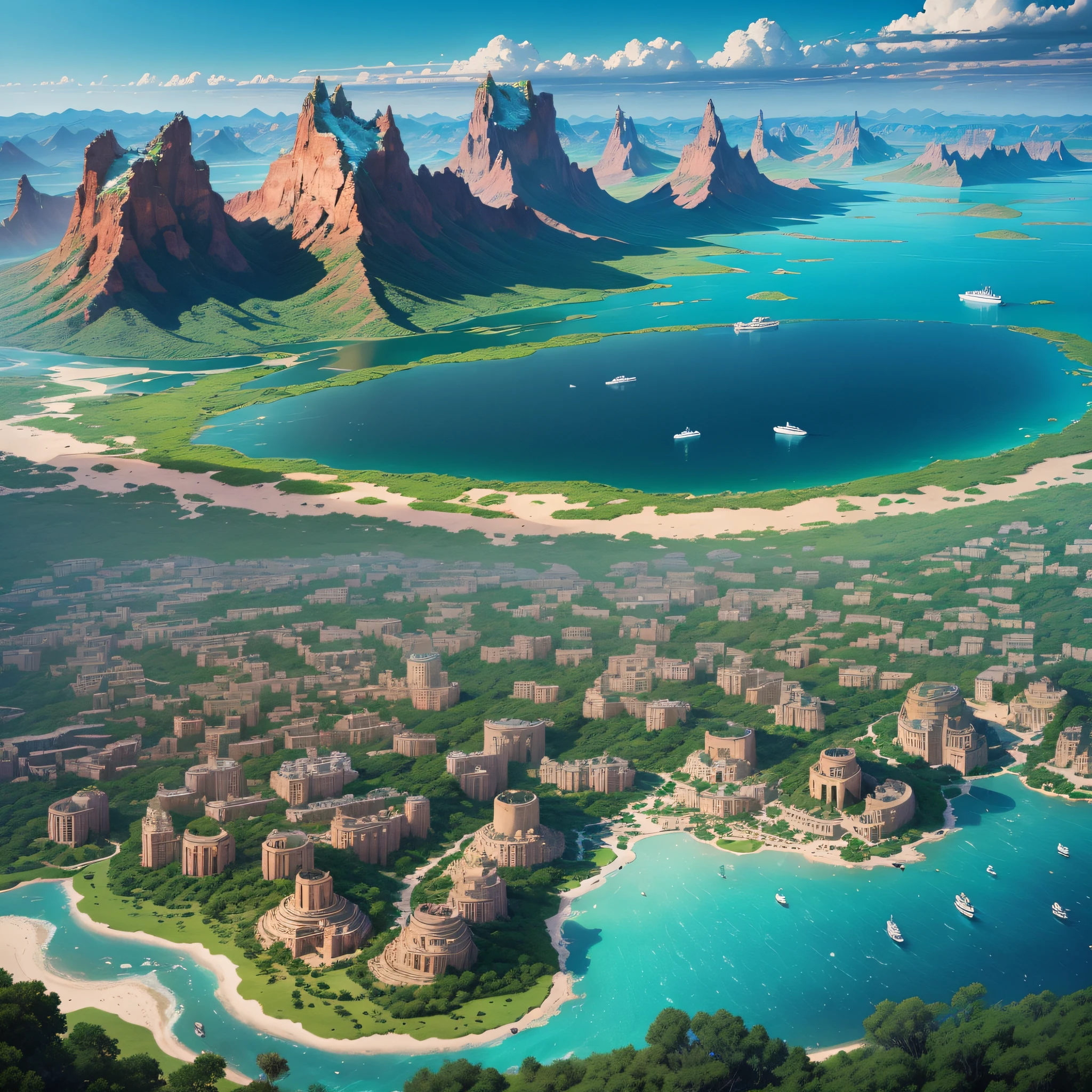 On the vast sea, a mysterious and magnificent virtual continent emerges. Known as the "Land of Splendor", this continent is home to breathtaking natural landscapes and a rich and diverse culture.
First of all, the center of the continent is a majestic mountain range, the peak of which is cloudy and shining golden by the sun. Known as the "Peak of Heaven", this mountain range is surrounded by a dense forest with rivers cascading from the foot of the mountain to form magnificent waterfalls and lakes.
The eastern part of the continent is a vast grassland with green meadows stretching to the horizon and connecting with the blue sky. The steppe is dotted with exotic birds and tents of herders and nomadic tribes. The lakes in the grasslands shimmer with turquoise light, attracting a variety of wild animals to drink.
To the west is a huge desert with undulating sand dunes and wavy red dunes forming a mesmerizing desert landscape in the wind. In this desert hides ancient ruins and mysterious desert cities that bury countless treasures and secrets.
In the south is the vast ocean, blue sea and blue sky, and the sea breeze is light. There are beautiful coral reefs and a colorful underwater world where exotic animals live under the sea, gorgeous sailing ships and huge marine life floating on the sea.
To the north is a huge forest, with towering trees and lush vegetation forming a maze of forest labyrinths. This forest is home to a variety of magical creatures and elves, and colorful flowers and flying butterflies add to the fairytale atmosphere.
On this virtual continent, cultures and peoples from different regions mingle. People take respect for nature and harmonious coexistence as their core values, integrate with each other and develop together. The Land of Splendor is a magical and vibrant world waiting for intrepid adventurers to explore and discover its mysteries. --auto --s2
