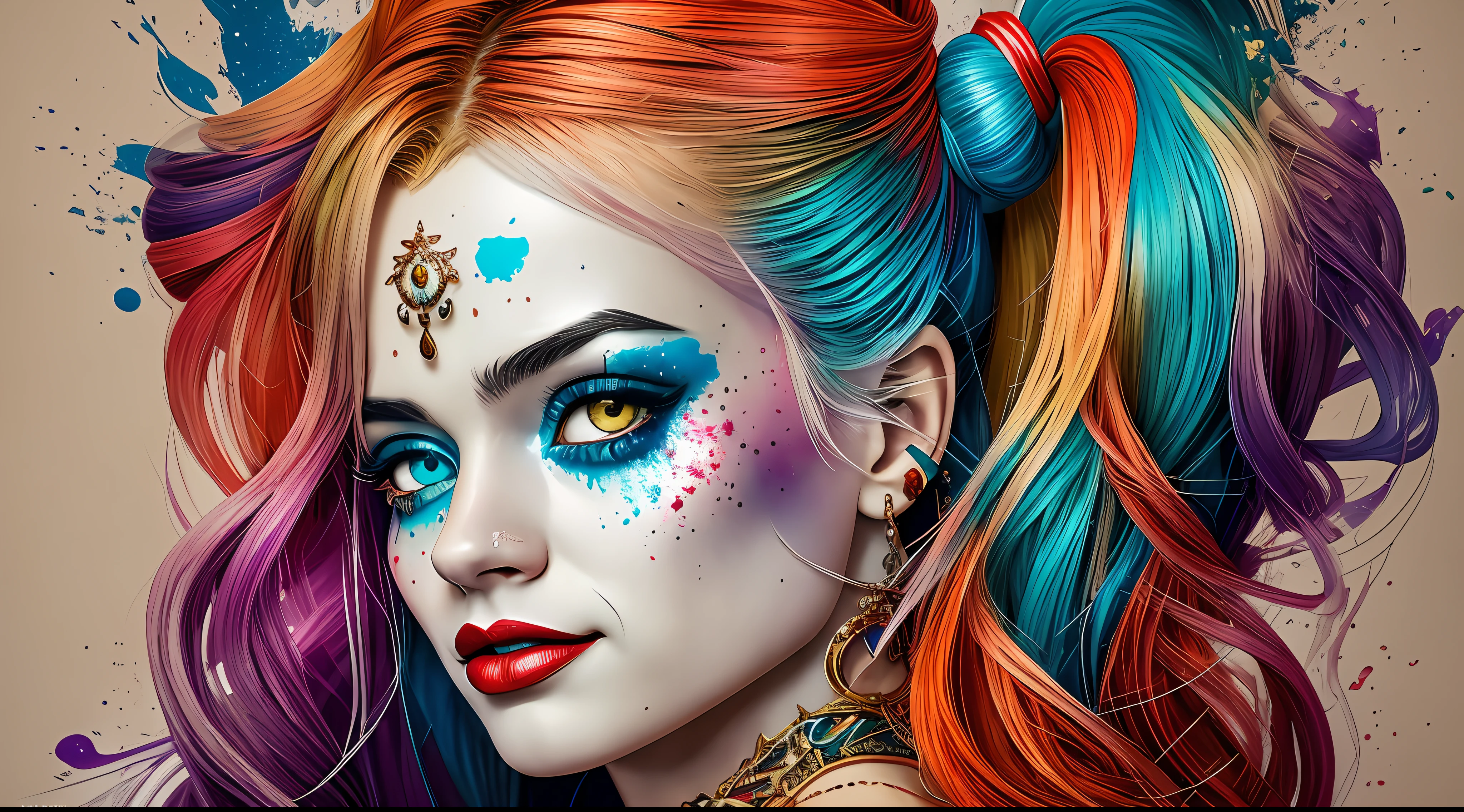 Create a medium shot, colored digital line art portrait of harley quinn character in the style of artists like Russ Mills, Sakimichan, Wlop, Loish, Artgerm, Darek Zabrocki, and Jean-Baptiste Monge. Include colorful splatter drippings, paper texture, and perfect shading, with dramatic lighting. The artwork should be centered, stylized, and elaborate, with a beautiful dress, gorgeous eyes, and a dynamic pose. TanvirTamim. rendered in 8K resolution for high-quality detail,anatomia perfeita, mãos com 4 dedos e 1 polegar, renderizado em resolução 8K para detalhes de alta qualidade, qualidade de imagem 8K, imagem em alta resolução 8K, hiper detalhado, super realista, detalhes intricados