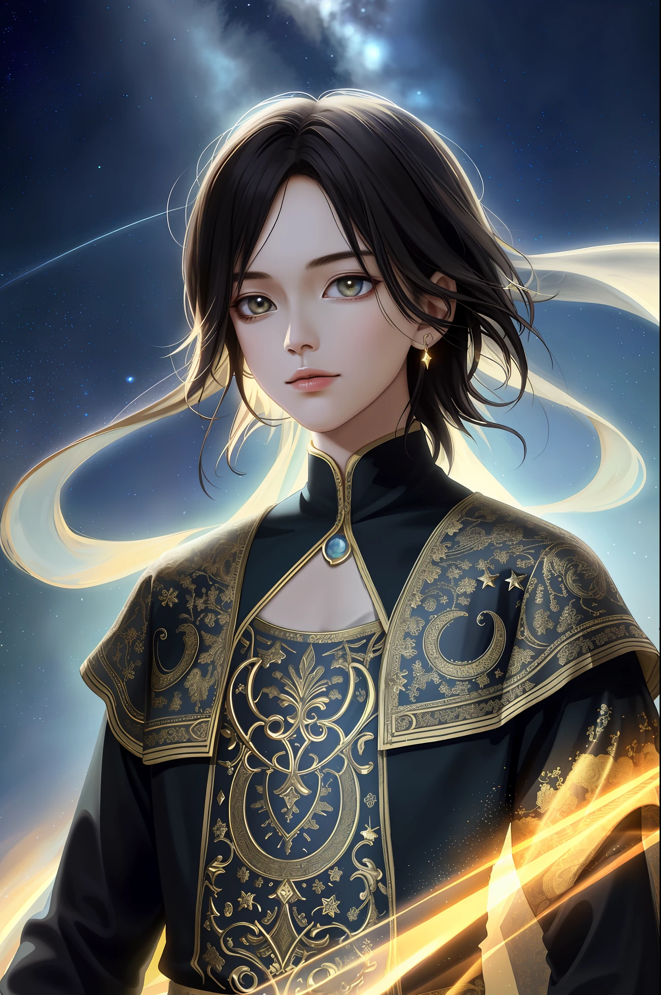 Capricorn, the best qualities, a boy, firm and powerful qualifications contrasting with the starry sky background behind, mysterious patterns and horoscope decorations on clothes, magical effects around you, edge lighting, side lighting, cinematic light, ultra-high resolution, 8k uhd, film grain, best shadows, delicate, RAW, super realistic realistic 3d, detailed skin textures, detailed cloth textures, beautiful and detailed faces, intricate details, super detailed BREAK dreamy and majestic god realm background, Light and shadow interaction, masterpiece, best quality,