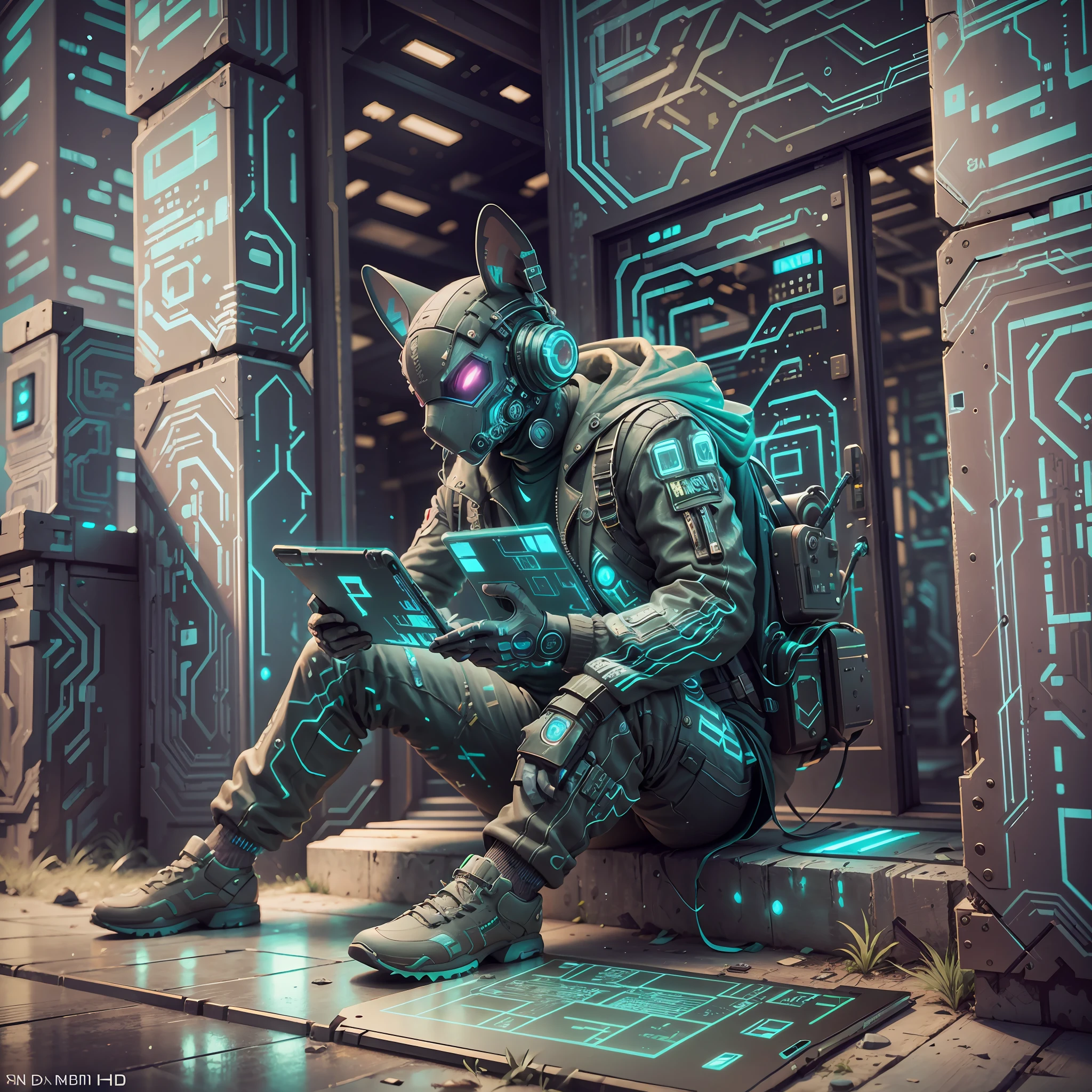 3d rendered jetpack cyberpunk hacker rat inside the matrix working on a tablet and sitting in the front of the old house, unreal engine 5, extremely detailed, 8k --auto --s2