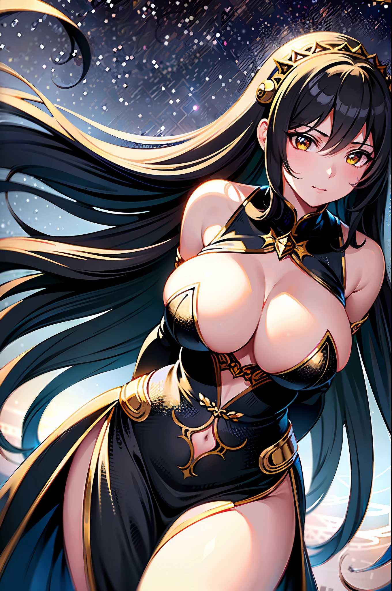 1 girl, anime, (((ultra-detailed))), ((masterpiece)), ((illustration)), bust up, facing forward, regal, curvaceous woman, (goddess of tranquility), flowing black hair, cold golden eyes, (full flowing dress with stars), ((confident and cold expression)), (dark background with stars)
