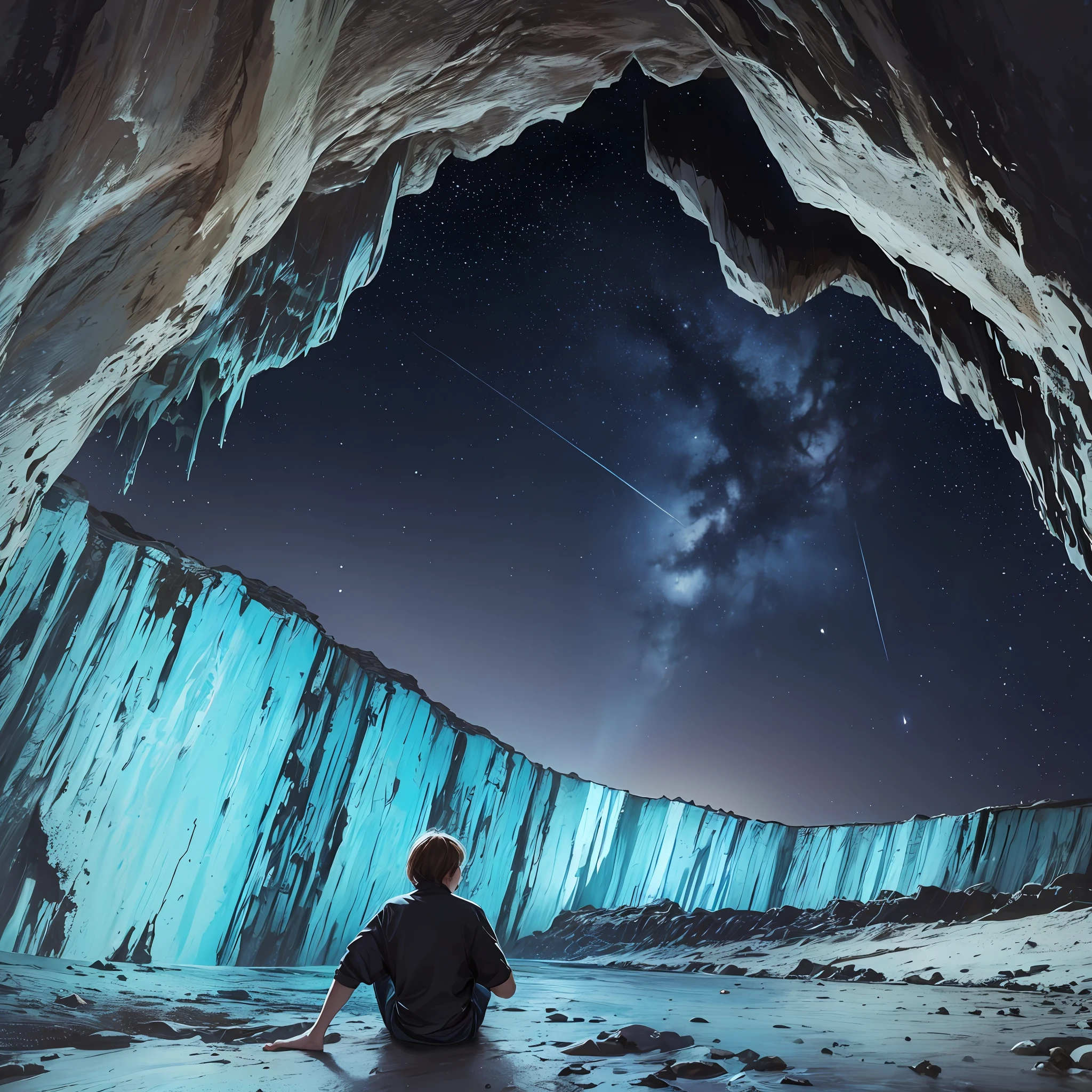 Cliff cave, cave entrance, night, starry sky, looking from the inside out, the back is sitting on the edge of the cliff at the cave entrance --auto --s2