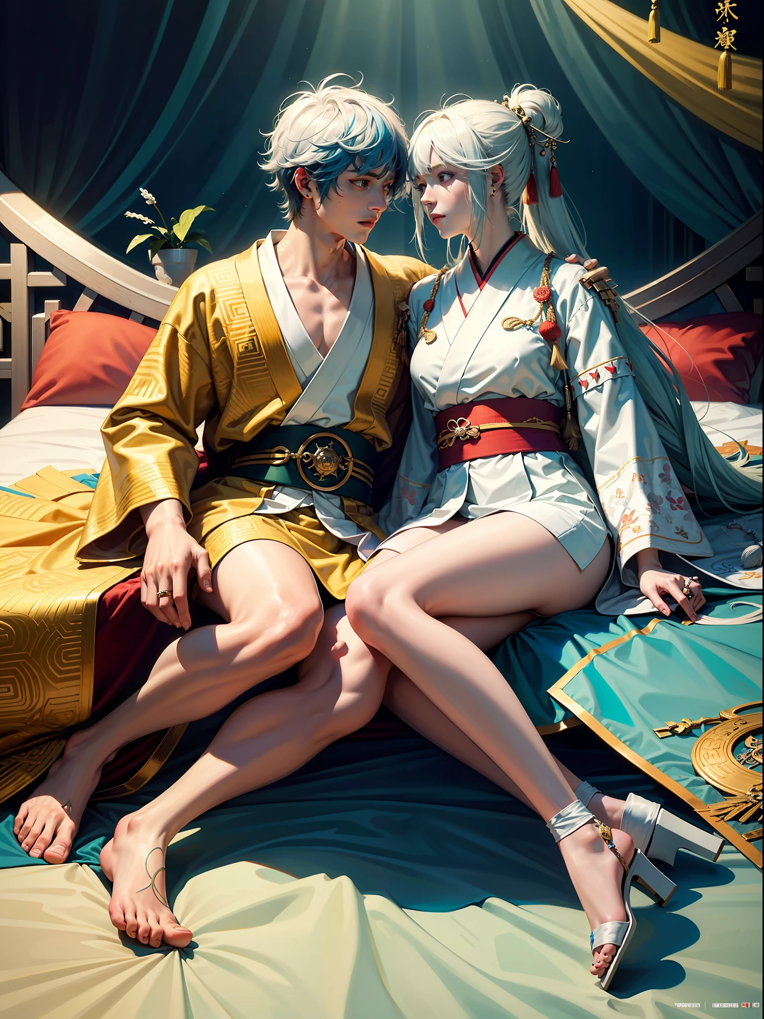 Concept Art, "1 Couple, Male Focus, Fin Ears, Multicolored Hair, Handsome Boy, Long White Hair, Tassels, Bangs, Carp, Colorful, Bold Colors, White Kimono, (Open) Kimono, Traditional Chinese Clothing, Close-up, Intimate Interaction in Bed, Stud Earrings, Rings, Sweat, Illuminate People", Colorful, Master Composition, Focus on Key Figures, Realism, Masterpiece, Award-Standing, Best Quality, Masterpiece, Ultra Detailed, 8K, Extremely Detailed CG Unity 8k wallpaper, complex, highly detailedrealistic