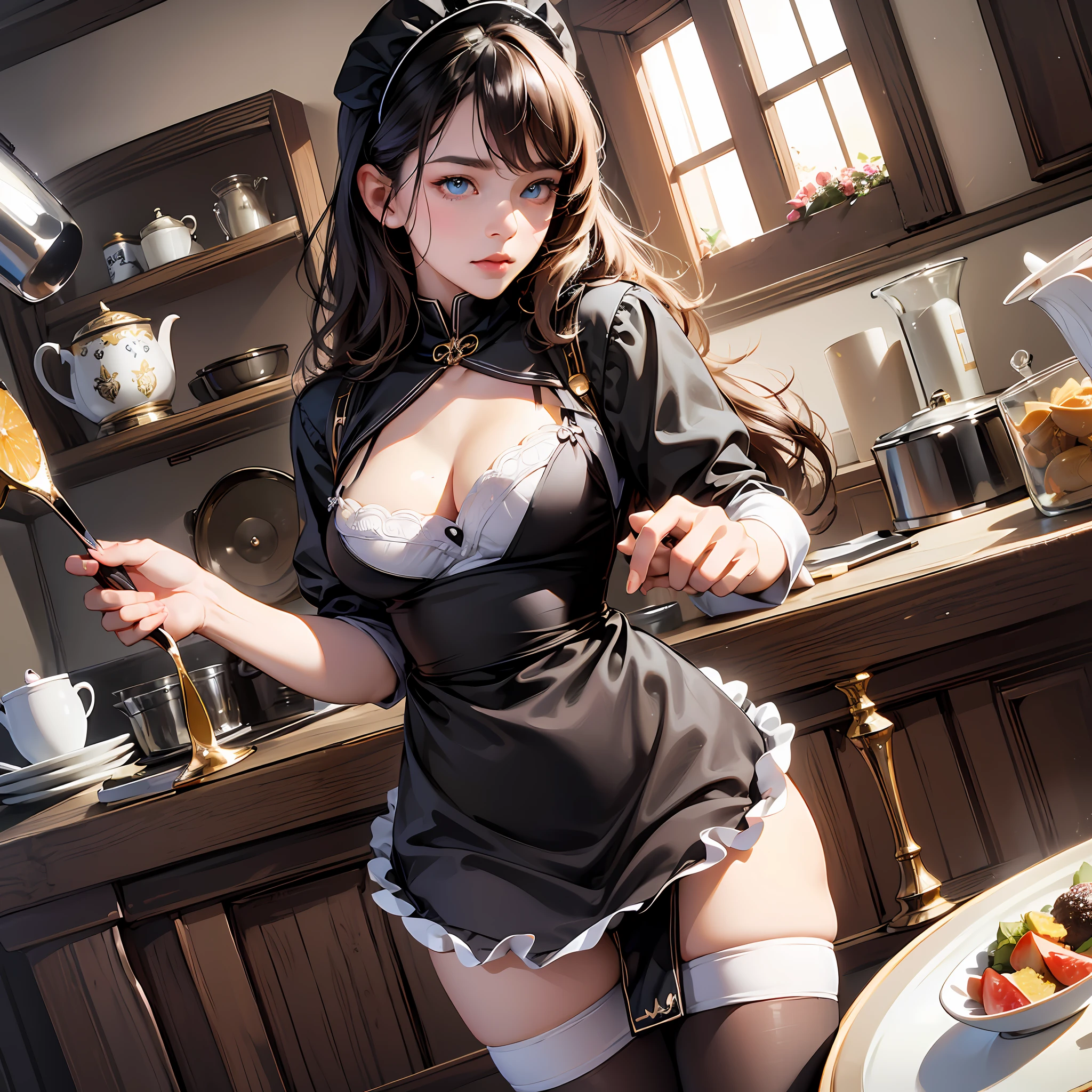 (hyperrealistic), (illustration), (high resolution), (8K), (extremely detailed), (best illustration), (beautiful detailed eyes), (best quality), (super detailed), (masterpiece), (detailed face), solo, (dynamic pose), 1 girl, white wavy hair in the kitchen, korean, heterochromic eyes, small moles under the eyes, ((apron), large breasts, long legs, (black stockings)