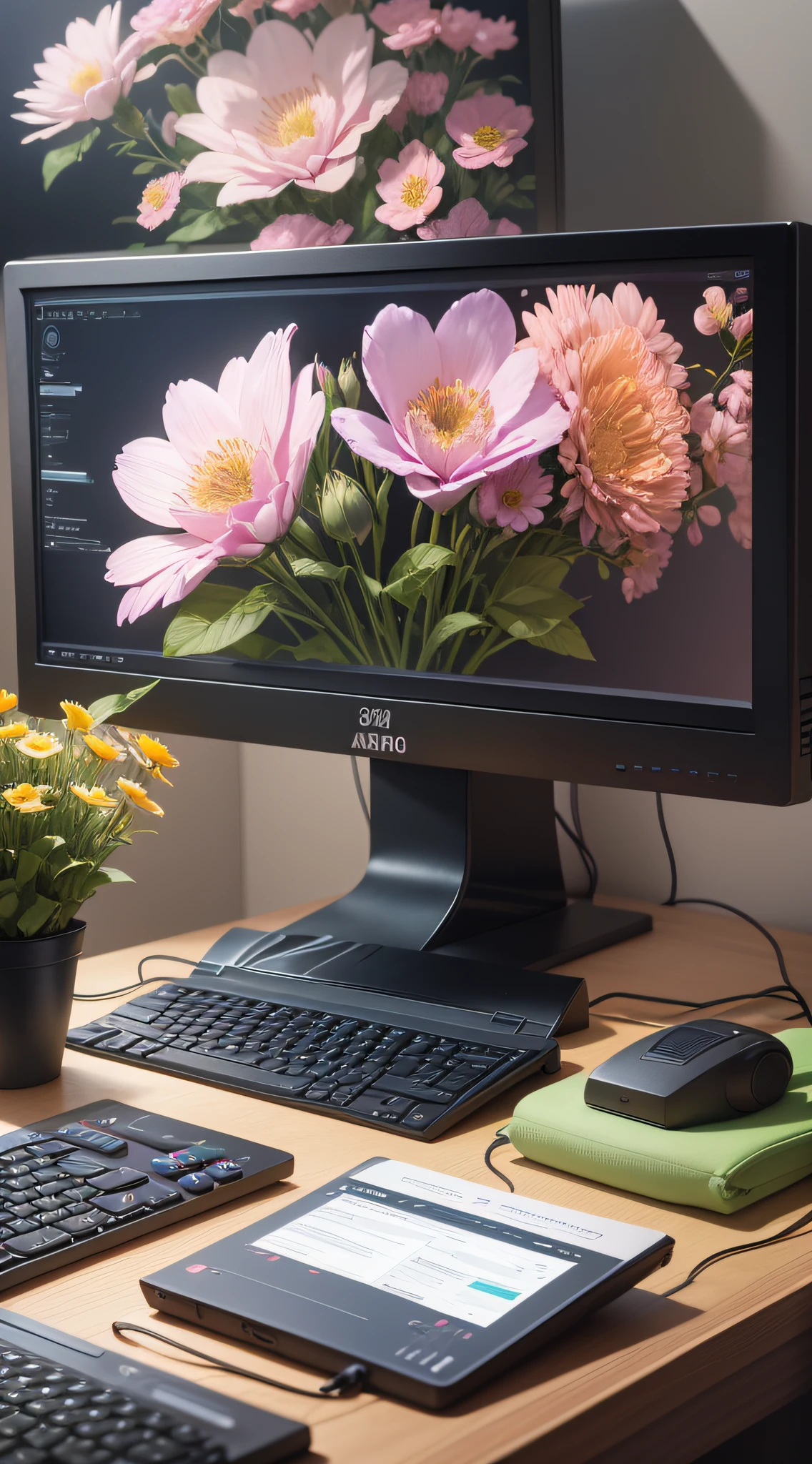 A 24-year-old boy works at a computer monitor, typing on a keyboard, flowers on the keyboard --auto --s2