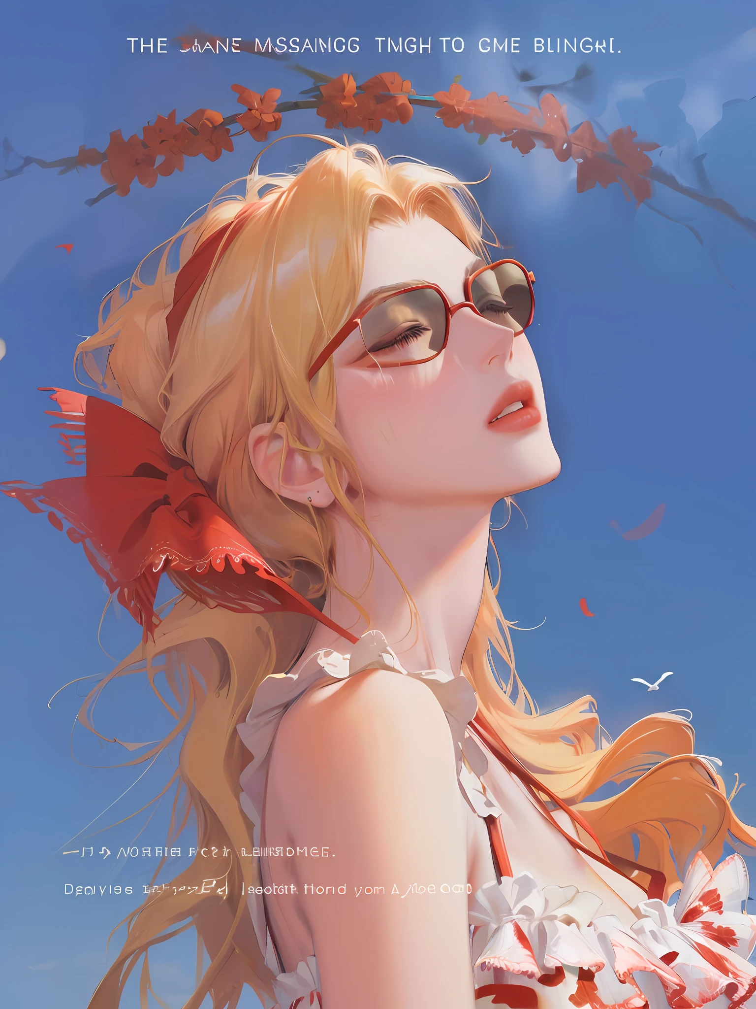(highest resolution, distinct_image) best quality, feminine masterpiece, high detail, semi-realistic, (most of the body), hyper-detailed, eyes closed, delicate facial features, big red lips, red bandana, perfect figure, sunglasses, short blonde hair, fluttering hair, sunglasses, cool, red sunglasses, red slip dress, leaky shoulders